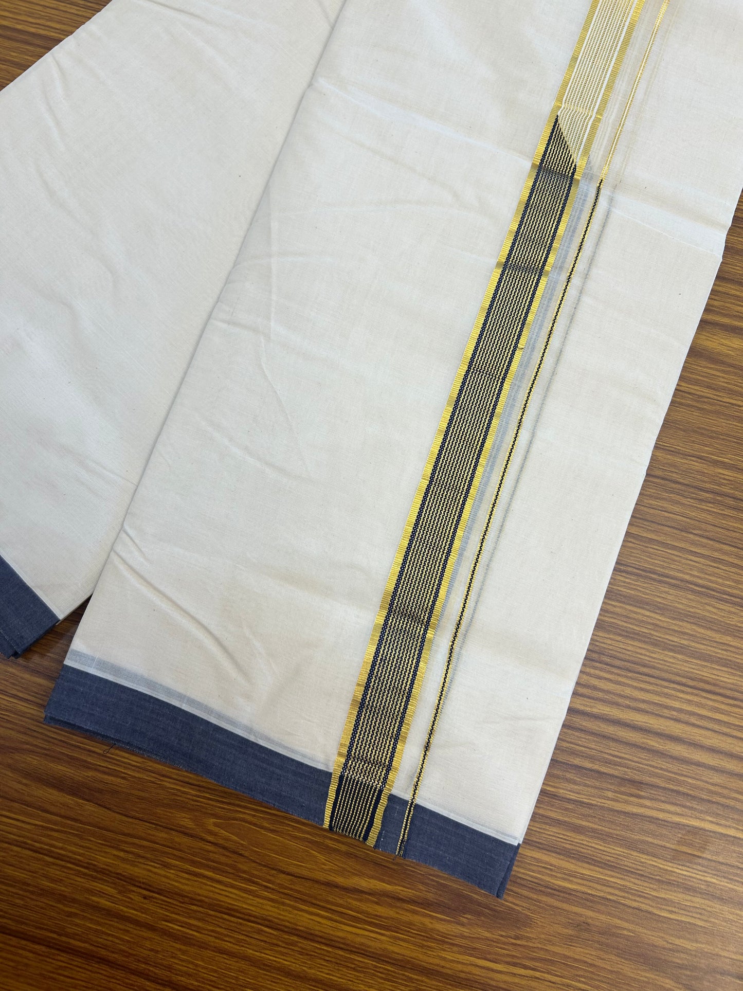 20% DISCOUNT! KaithariKada Balaramapuram 100% Cotton Double Off white - (Unbleached) Mundu/Dhoti-100x100 Chutty Heavy Designer Navy Blue & Kasavu 1.25 inch Kara- 1KK5088ASH