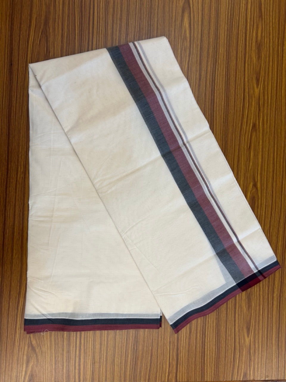 DMK Veshti - 20% DISCOUNT! KaithariKada 100% Cotton off white Double - (Unbleached) Mundu/Dhoti - 100X100 - 2 inch Black & Maroon kara - 5 mtr (10.71 muzham) - 20 KK5257 ASH