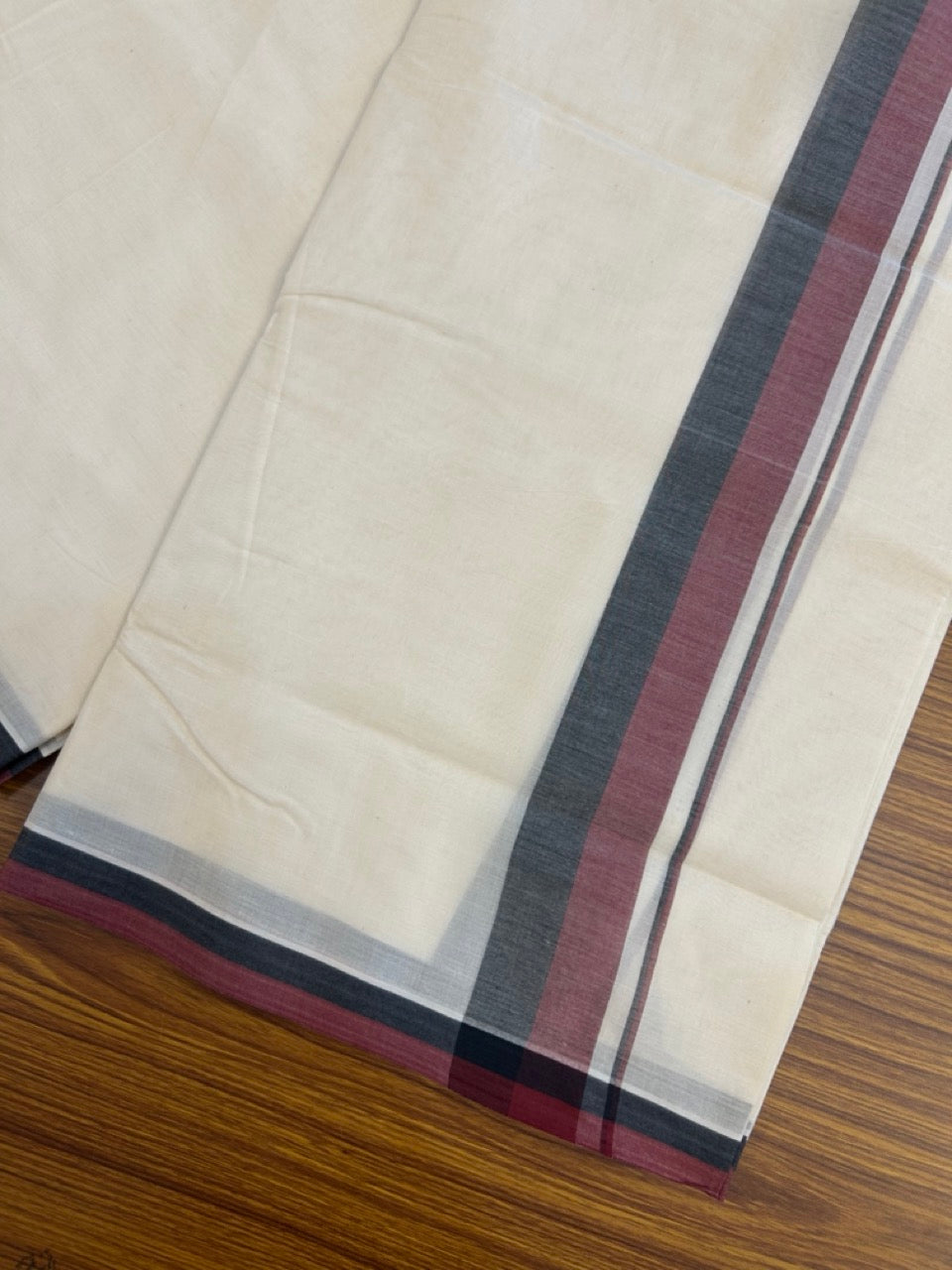 DMK Veshti - 20% DISCOUNT! KaithariKada 100% Cotton off white Double - (Unbleached) Mundu/Dhoti - 100X100 - 2 inch Black & Maroon kara - 5 mtr (10.71 muzham) - 20 KK5257 ASH