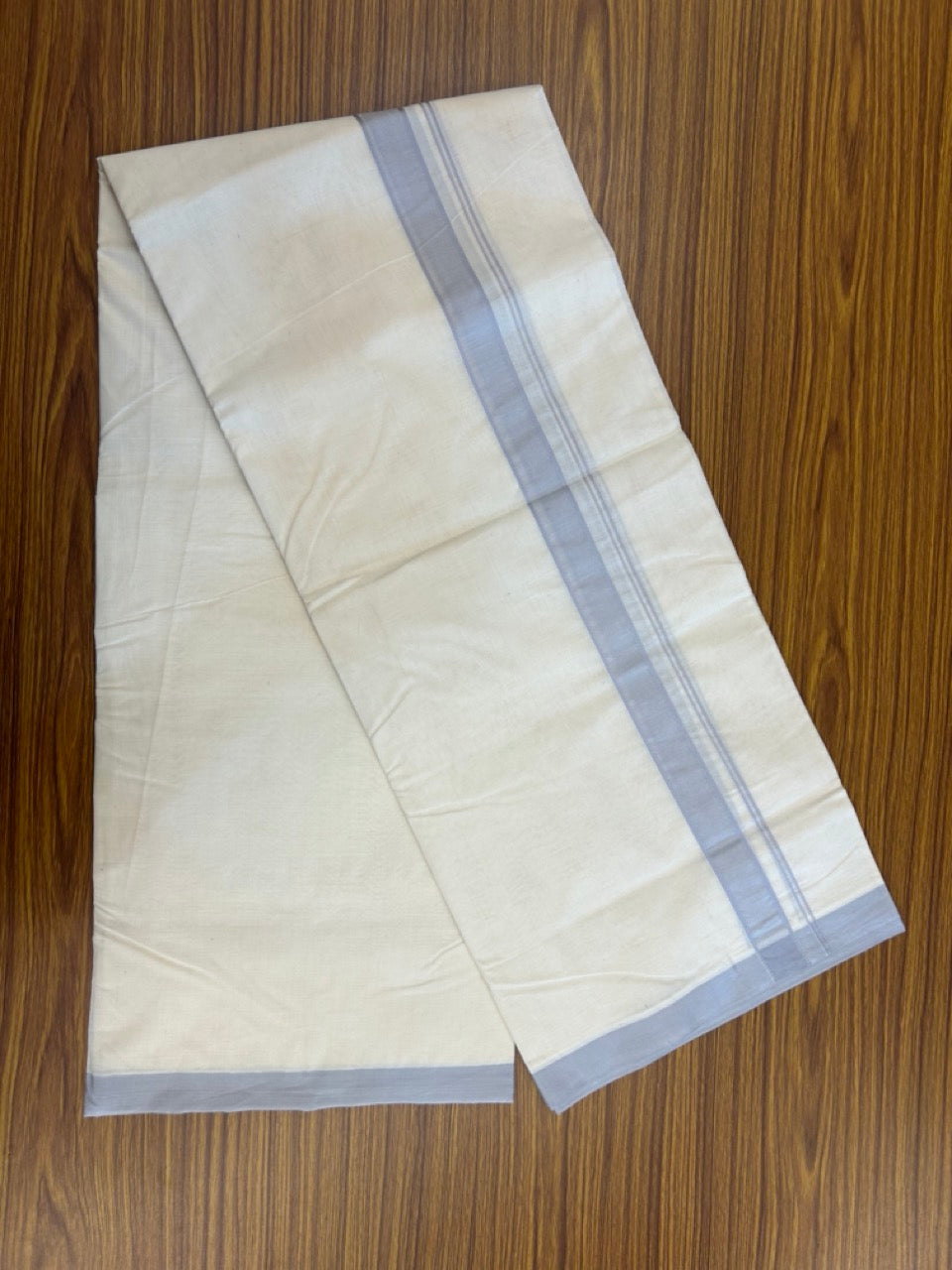 20% DISCOUNT ! KaithariKada 100% Cotton OFF WHITE (Unbleached) Double Dhoti/Mundu- 100X100 - 1.25 inch Light Ash Blue Shaded Kara 4.50 Meters (10 Muzham) - 21 KK5257 ASH