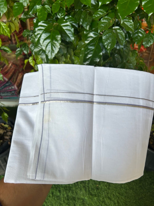 32% DISCOUNT! KaithariKada Balaramapuram 100% Cotton Double Pure white Mundu/Dhoti- 60s - 0.5 cm Silver Kasavu & Lavender Kara - 3.90mtr ( 8 muzham) - 45KK5227 PMC