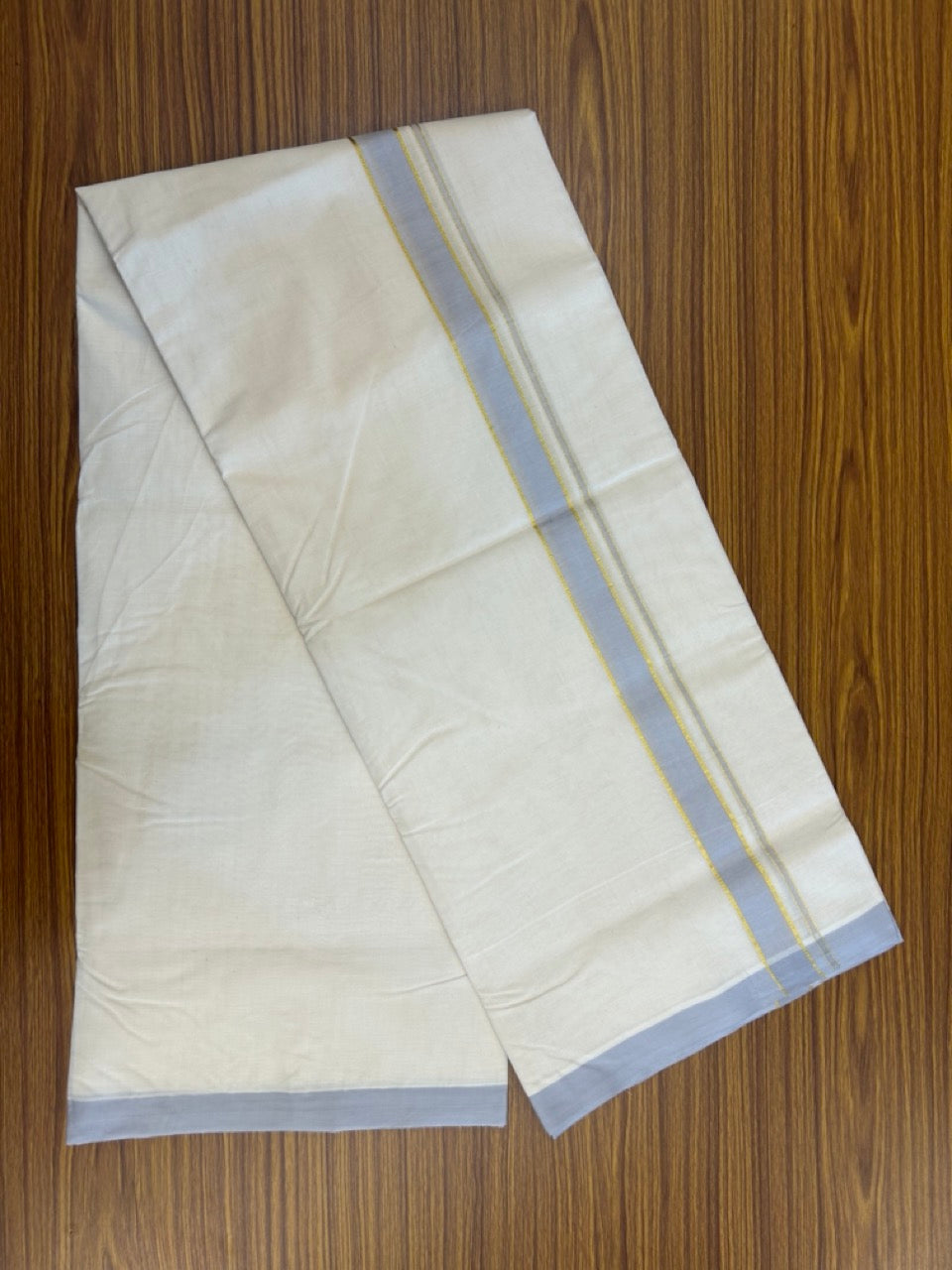 20% DISCOUNT ! KaithariKada 100% Cotton OFF WHITE (Unbleached) Double Dhoti/Mundu- 100X100 - 1.25 inch Gold Kasav & Light Ash Blue Shaded Kara 4.50 Meters (10 Muzham) - 22 KK5257 ASH