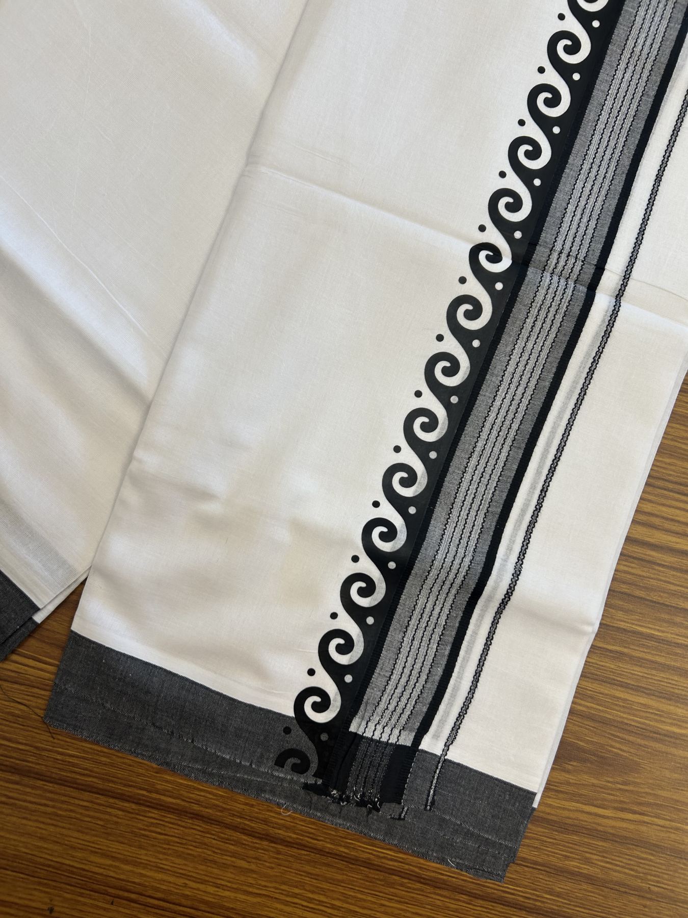 20% Discount ! KaithariKada Balaramapuram Cotton Double Pure white Mundu/Dhoti- 80s - 2.5 inch Dark Black Printed Shade Stripes Design Kara - 3.65 mtr (8 muzham) - 44 KK5329 GAN