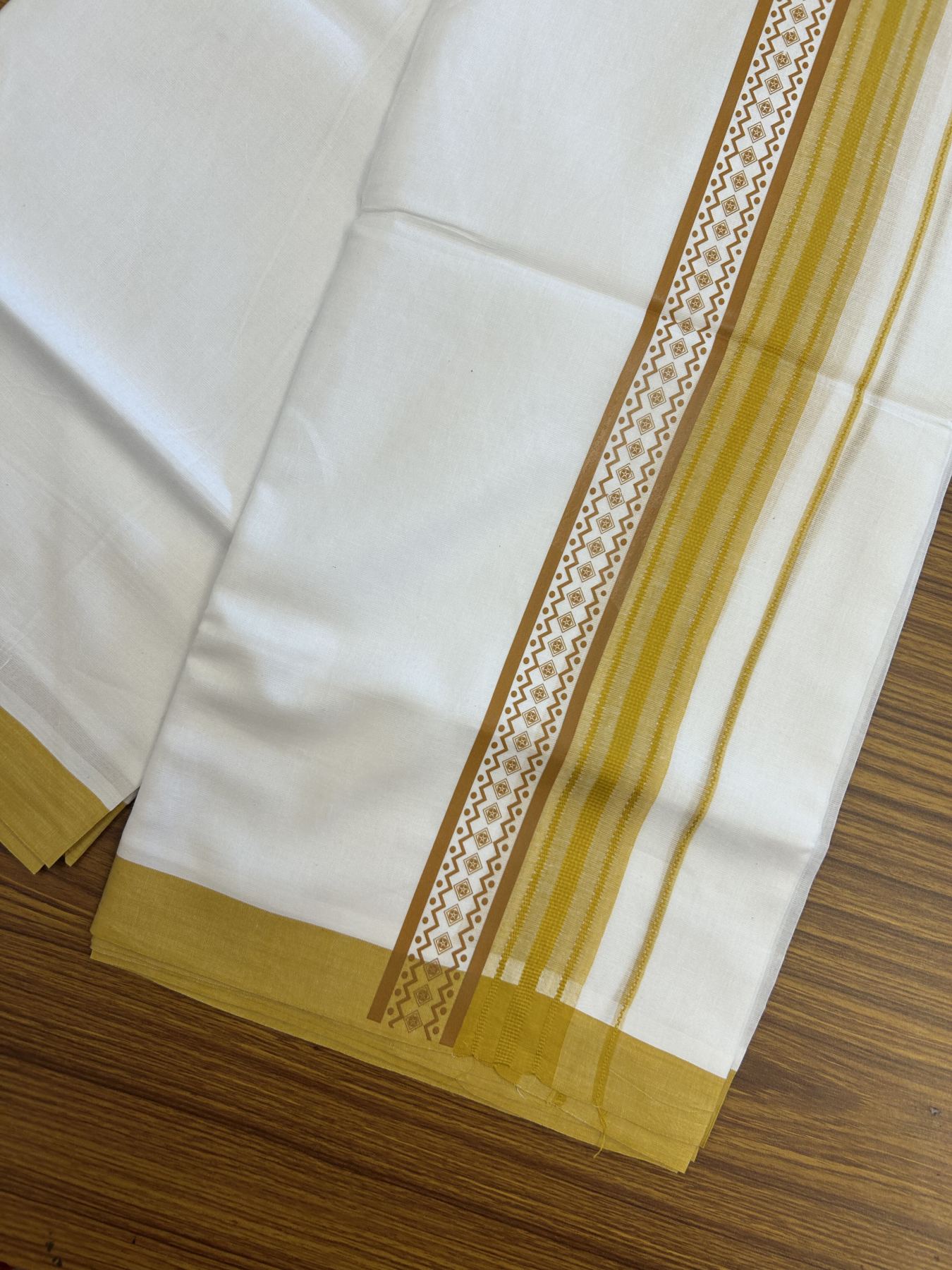 20% Discount ! KaithariKada Balaramapuram Cotton Double Pure white Mundu/Dhoti- 80s - 2.5 inch Mustard yellow Printed Shade Stripes Design Kara - 3.65 mtr (8 muzham) - 28 KK5329 GAN