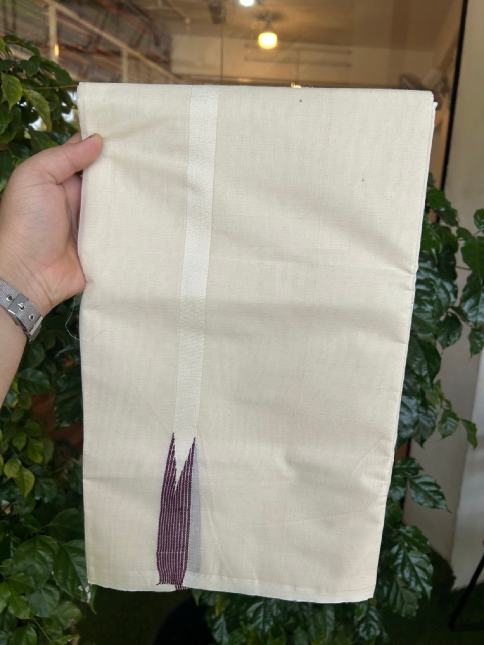 20% Discount ! KaithariKada Balaramapuram 100% Cotton Double Off White (Unbleached) Mundu/Dhoti- 100x100 - 0.75 inch Puliyilakkara Purple Striped Chutty Kara - 14 KK5257 ASH