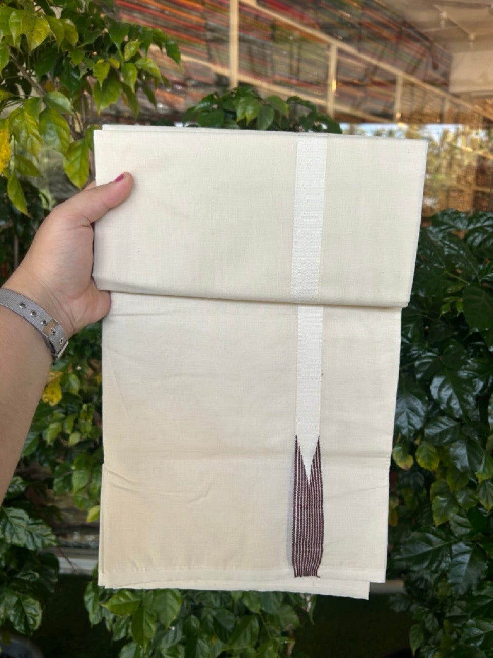 20% Discount ! KaithariKada Balaramapuram 100% Cotton Double Off White (Unbleached) Mundu/Dhoti- 100x100 - 0.75 inch Puliyilakkara Dark Brown Striped Chutty Kara - 13 KK5257 ASH