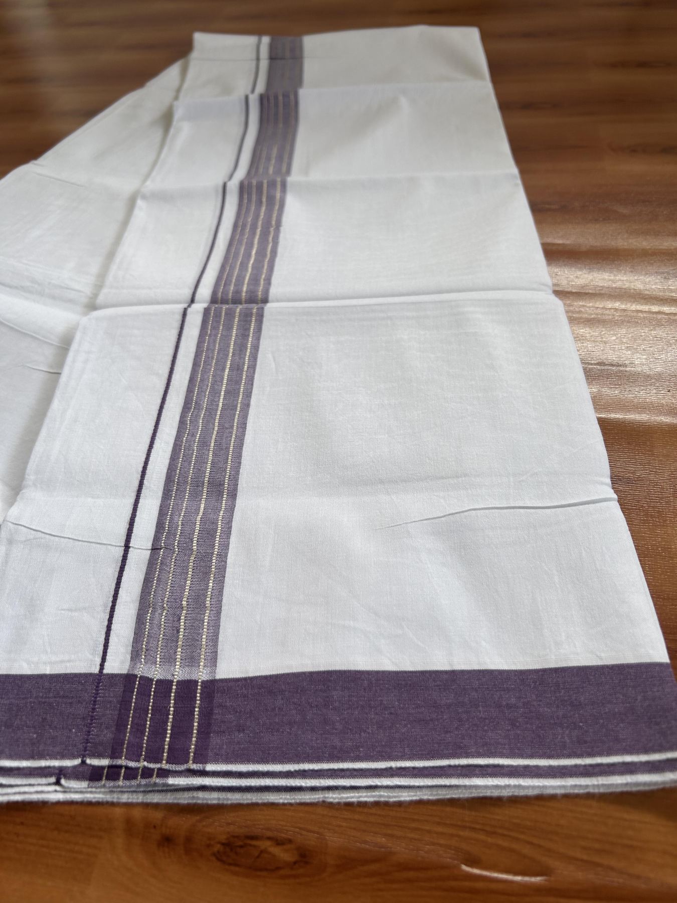 Single Mundu/Dhoti - Pure White - 29% Discount !! KaithariKada Balaramapuram 100% Cotton - Twisted 60s Thread -1 Inch Silver Kasav & Purple Shaded Striped Kara (2 meter / 4 muzham) - 42 KK5393 GL