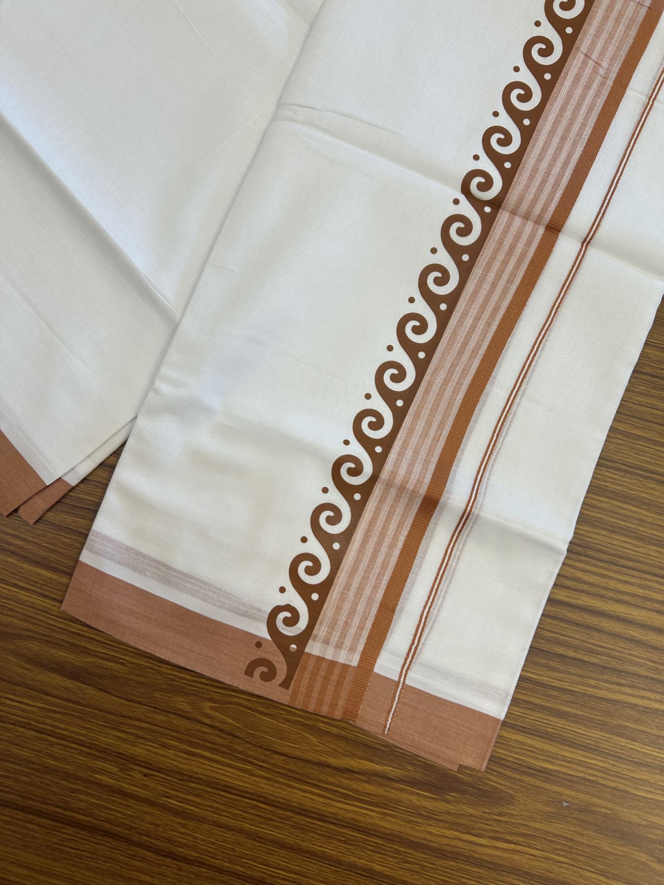 20% Discount ! KaithariKada Balaramapuram Cotton Double Pure white Mundu/Dhoti- 80s - 2.5 inch Brown Printed Shade Stripes Design Kara - 3.65 mtr (8 muzham) - 40 KK5329 GAN