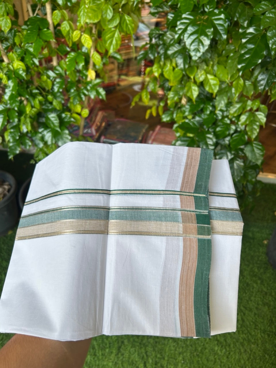 20% DISCOUNT! KaithariKada Balaramapuram 100% Cotton Double Pure white Mundu/Dhoti- 100x80 - 1.5 inch Silver Kasavu Green & Light Brown Shaded Striped Kara - 3.84mtr ( 8 muzham) - 29KK5227 PMC