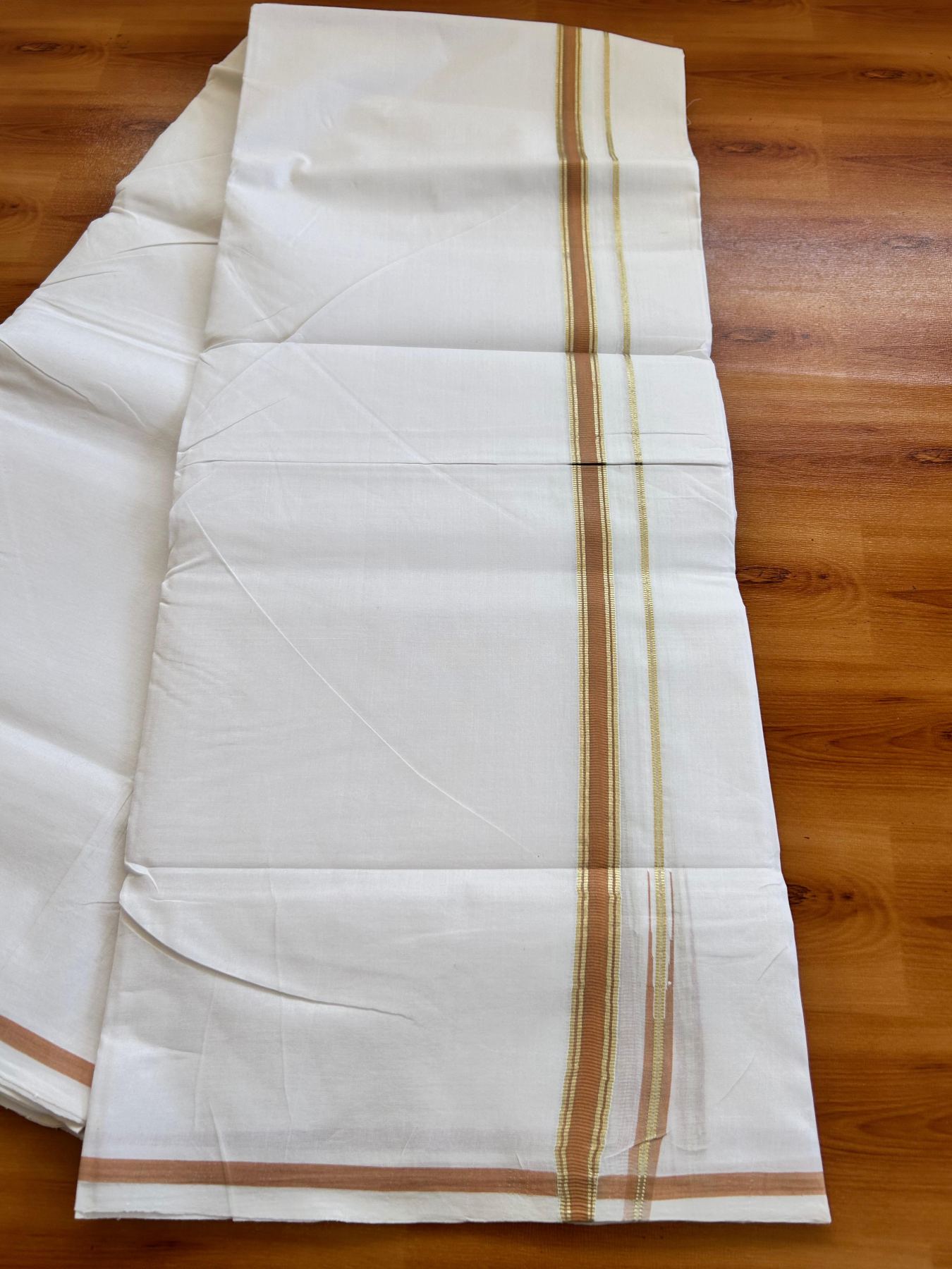 Double Pure White 25% Discount ! KaithariKada Handloom Unakkupaav - Kerala Handloom - 100% Pure Cotton - 100X90 - 1.5 cm Puliyilakkara Light Gold Kasav & Light Orange Chutty Kara 3.90 mtr (8.36 Muzham) - 2 KK5496 YAR
