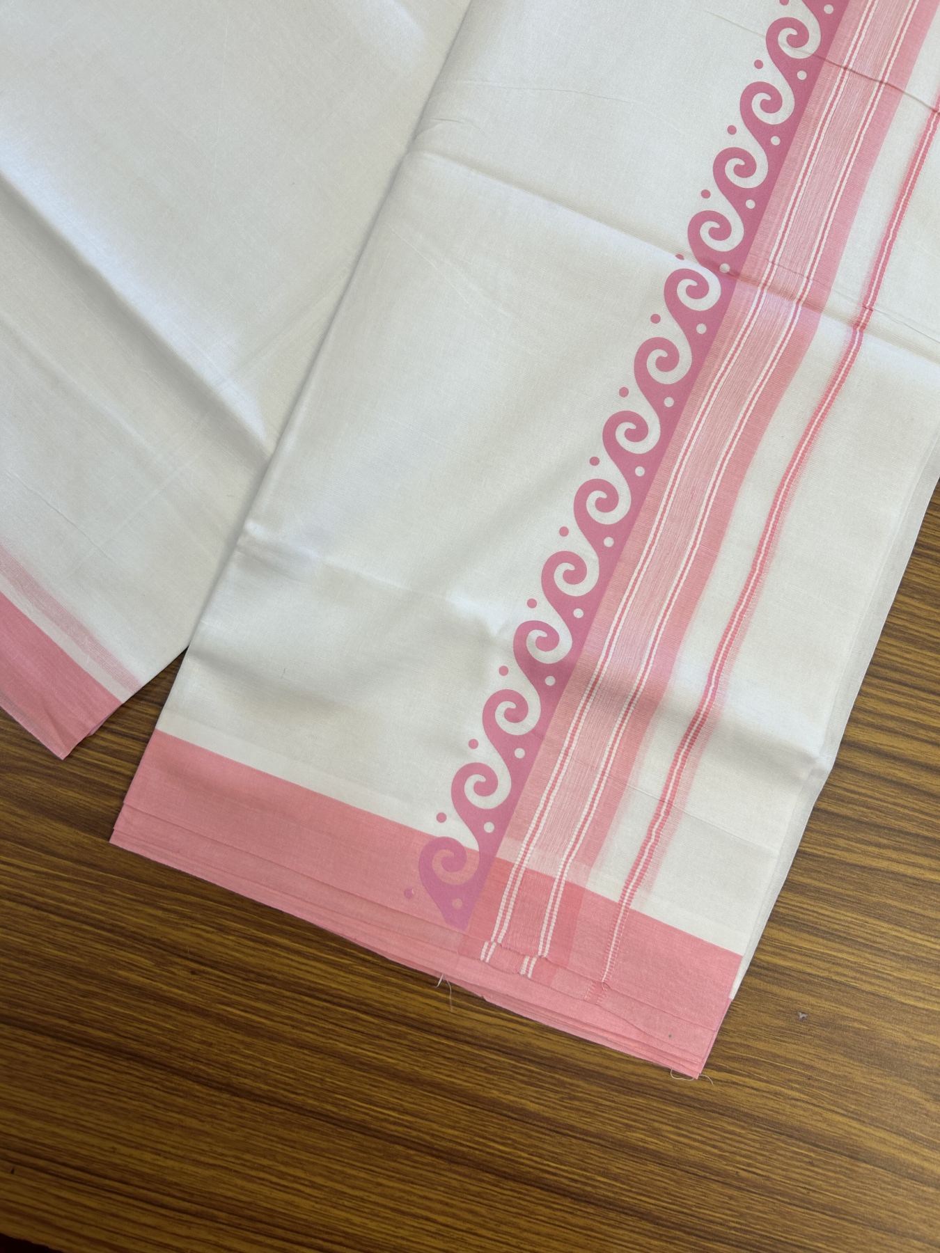20% Discount ! KaithariKada Balaramapuram Cotton Double Pure white Mundu/Dhoti- 80s - 2.5 inch Baby Pink Printed Shade Stripes Design Kara - 3.65 mtr (8 muzham) - 41 KK5329 GAN