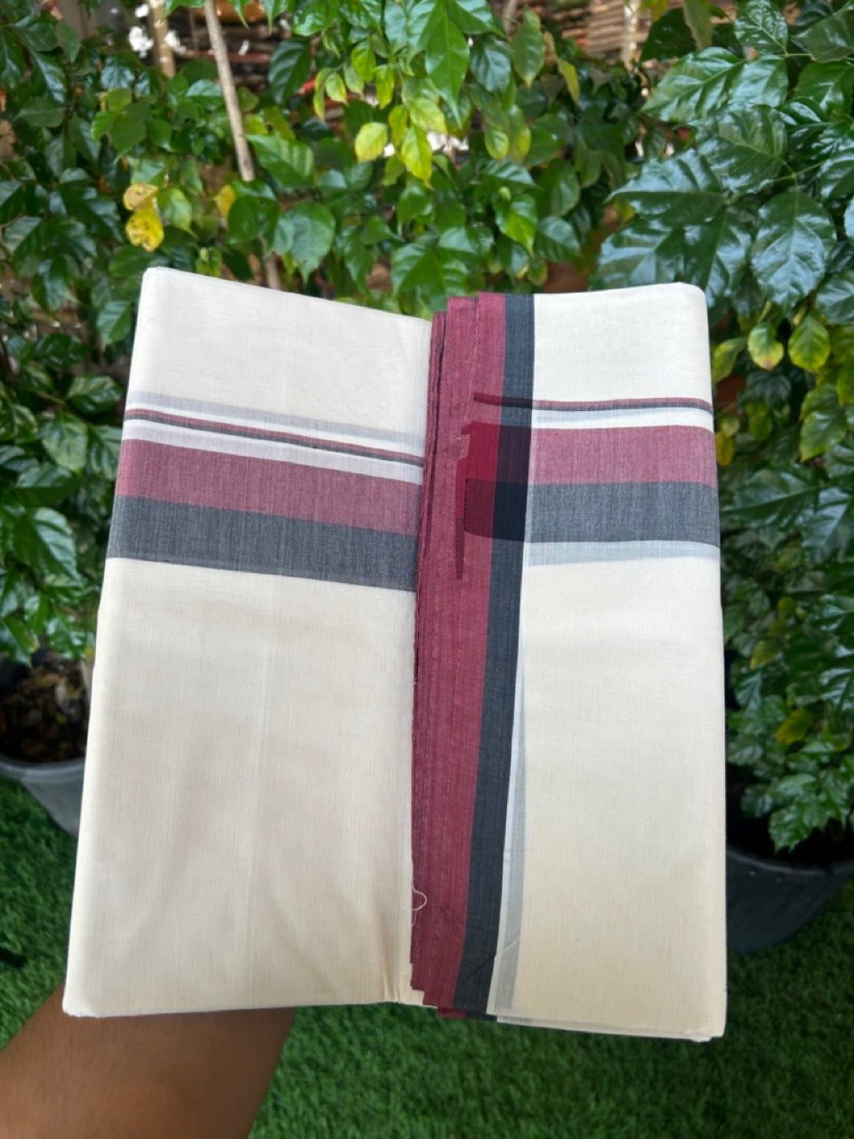 DMK Veshti - 20% DISCOUNT! KaithariKada 100% Cotton off white Double - (Unbleached) Mundu/Dhoti - 100X100 - 2 inch Black & Maroon kara - 5 mtr (10.71 muzham) - 20 KK5257 ASH