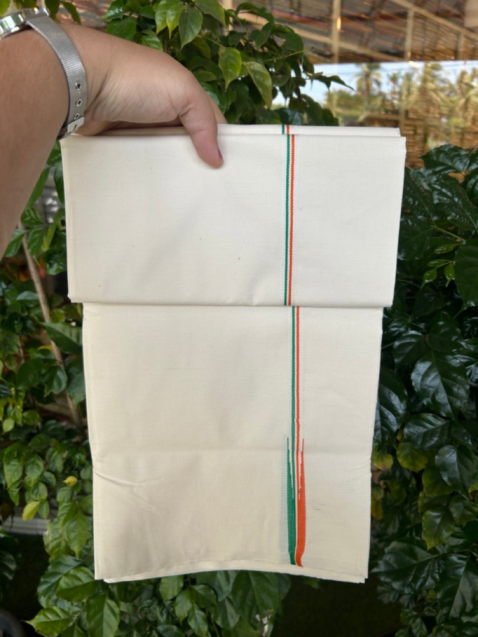 Congress Vesti - 20% Discount ! KaithariKada 100% Cotton Single Off White - (Unbleached) Mundu/Dhoti - Twisted 100s Thread - 0.5 inch Puliyilakkara Orange White & Green Chutty Kara (2 meter / 4 muzham) - 5 KK5257 ASH
