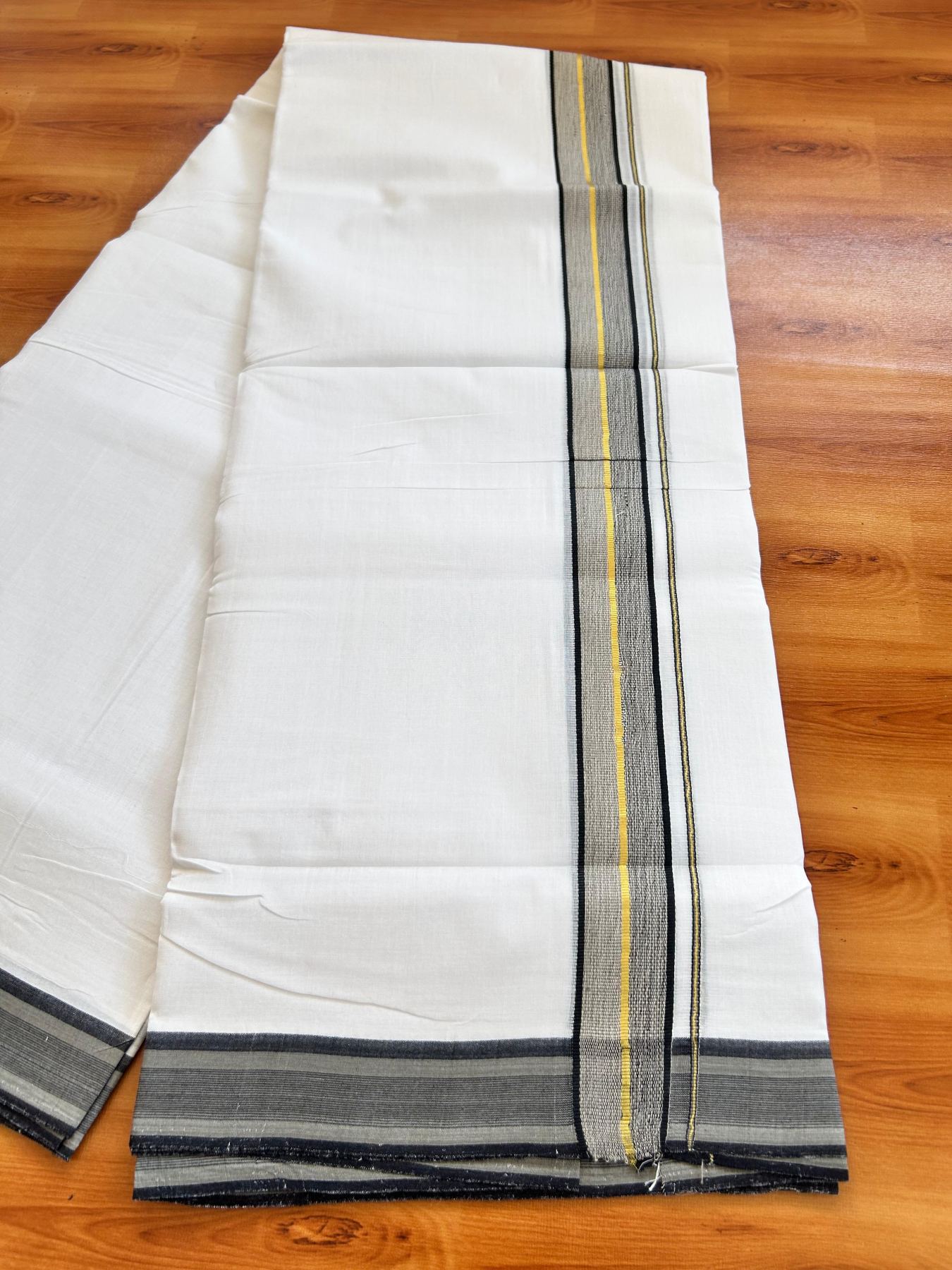 Double Pure White 25% Discount ! KaithariKada Handloom Millpaav - Kerala Handloom - 100% Pure Cotton - 80x90 - 1.5 Inch Gold Kasav Black & Grey Shaded Kara 3.90 mtr (8.36 Muzham) - 7 KK5496 YAR