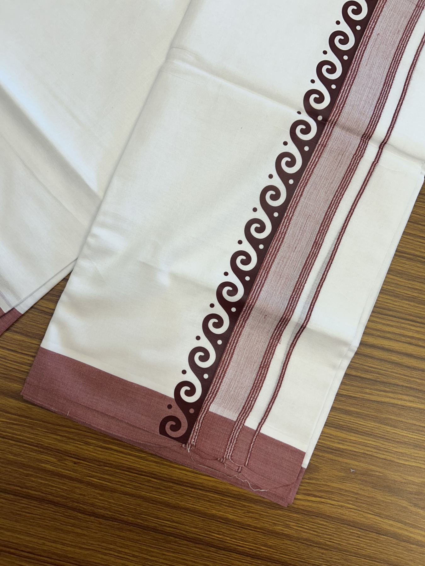 20% Discount ! KaithariKada Balaramapuram Cotton Double Pure white Mundu/Dhoti- 80s - 2.5 inch Maroon Printed Shade Stripes Design Kara - 3.65 mtr (8 muzham) - 38 KK5329 GAN