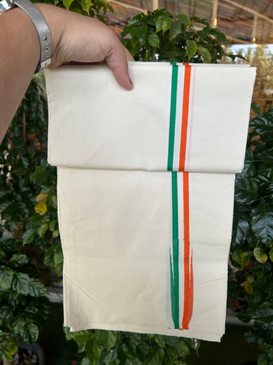 Congress Vesti - 20% Discount ! KaithariKada 100% Cotton Single Off White - (Unbleached) Mundu/Dhoti - Twisted 100s Thread - 1.25 inch Puliyilakkara Orange White & Green Chutty Kara (2 meter / 4 muzham) - 7 KK5257 ASH