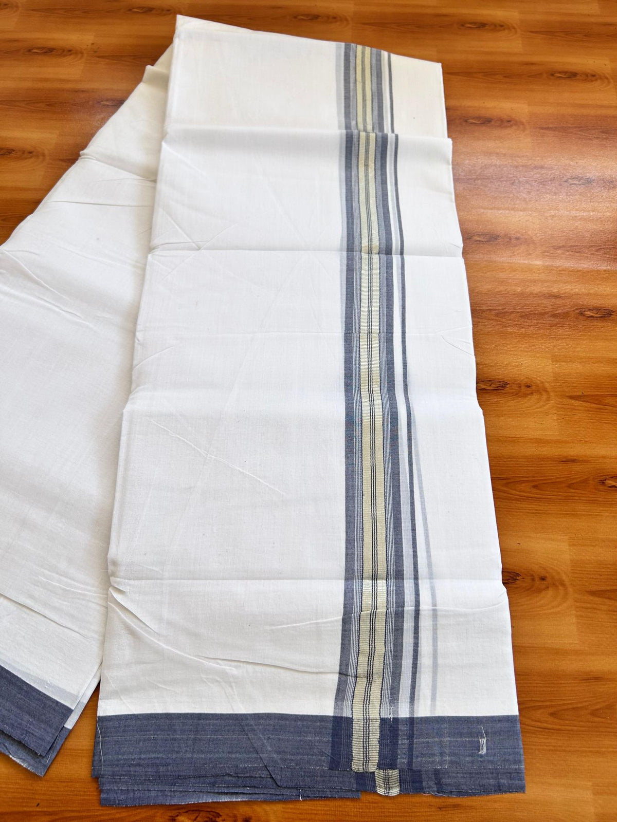 Double Pure White 25% Discount ! KaithariKada Handloom Millpaav - Kerala Handloom - 100% Pure Cotton - 80x90 - 1.5 Inch Silver Kasav Ash Blue Striped Kara 3.90 mtr (8.36 Muzham) - 8 KK5496 YAR
