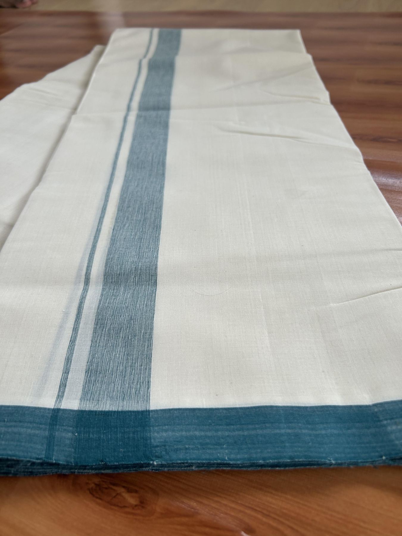 Double Off White (Unbleached) Mundu/Dhoti- 25% Discount! KaithariKada Handloom Millpaav - Kerala Handloom - Cotton - 80x90 - 1.25 inch Peacock Green Mulloth Kara 4.50 meter (10 Muzham) - 15 KK5396 RAM