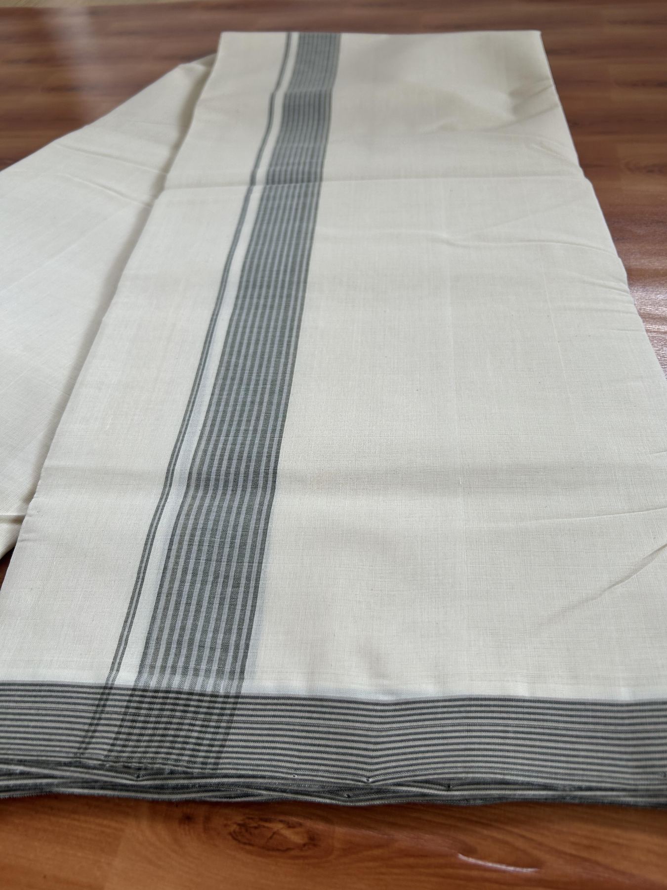 Double Off White (Unbleached) Mundu/Dhoti- 25% Discount! KaithariKada Handloom Millpaav - Kerala Handloom - Cotton - 80x90 - 1.25 inch Grey & Sage Green Shaded Striped Kara 4 meter (8.5 Muzham) - 19 KK5396 RAM