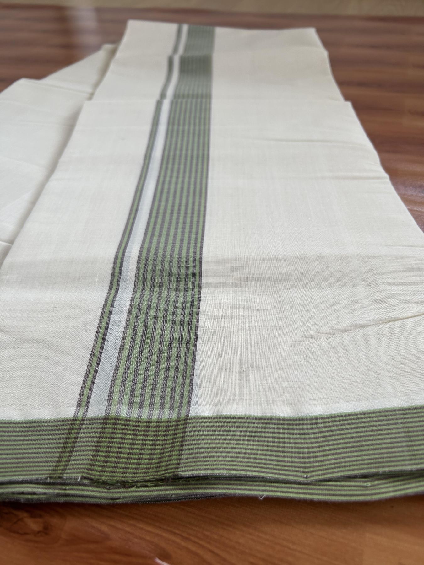 Double Off White (Unbleached) Mundu/Dhoti- 25% Discount! KaithariKada Handloom Millpaav - Kerala Handloom - Cotton - 80x90 - 1.25 inch Brown & Light Green Shaded Striped Kara 4 meter (8.5 Muzham) -20 KK5396 RAM