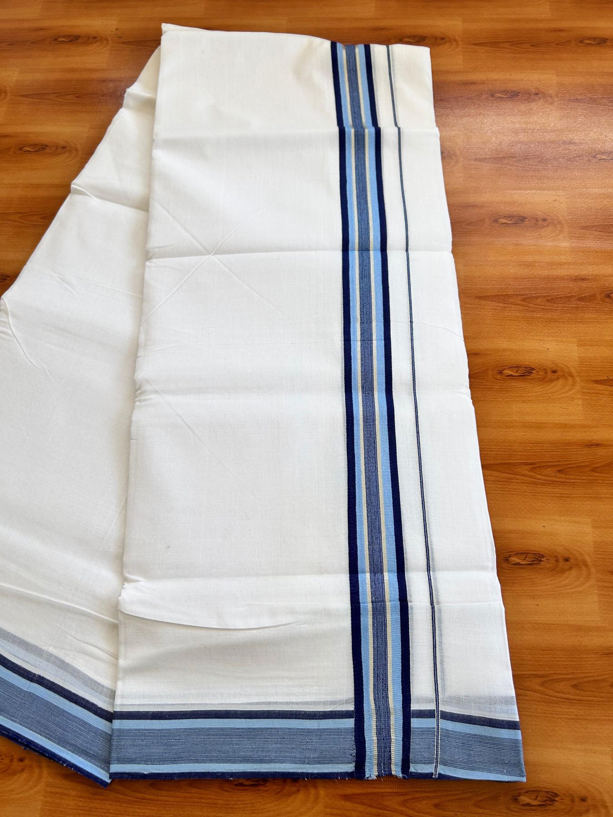 Double Pure White 25% Discount ! KaithariKada Handloom Unakkupaav - Kerala Handloom - 100% Pure Cotton - 100x90 - 1.25 Inch Silver Kasav Navy Blue & Light Blue Striped Kara 3.90 mtr (8.36 Muzham) - 17 KK5496 YAR