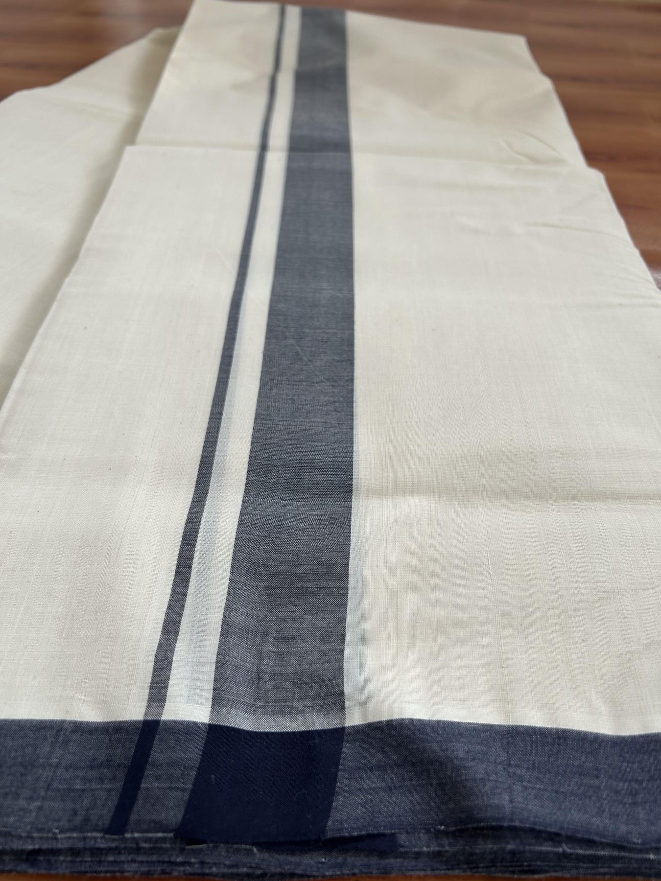 Double Off White (Unbleached) Mundu/Dhoti- 25% Discount! KaithariKada Handloom Millpaav - Kerala Handloom - Cotton - 80x90 - 1.25 inch Navy Blue Mulloth Kara 4.50 meter (10 Muzham) - 13 KK5396 RAM