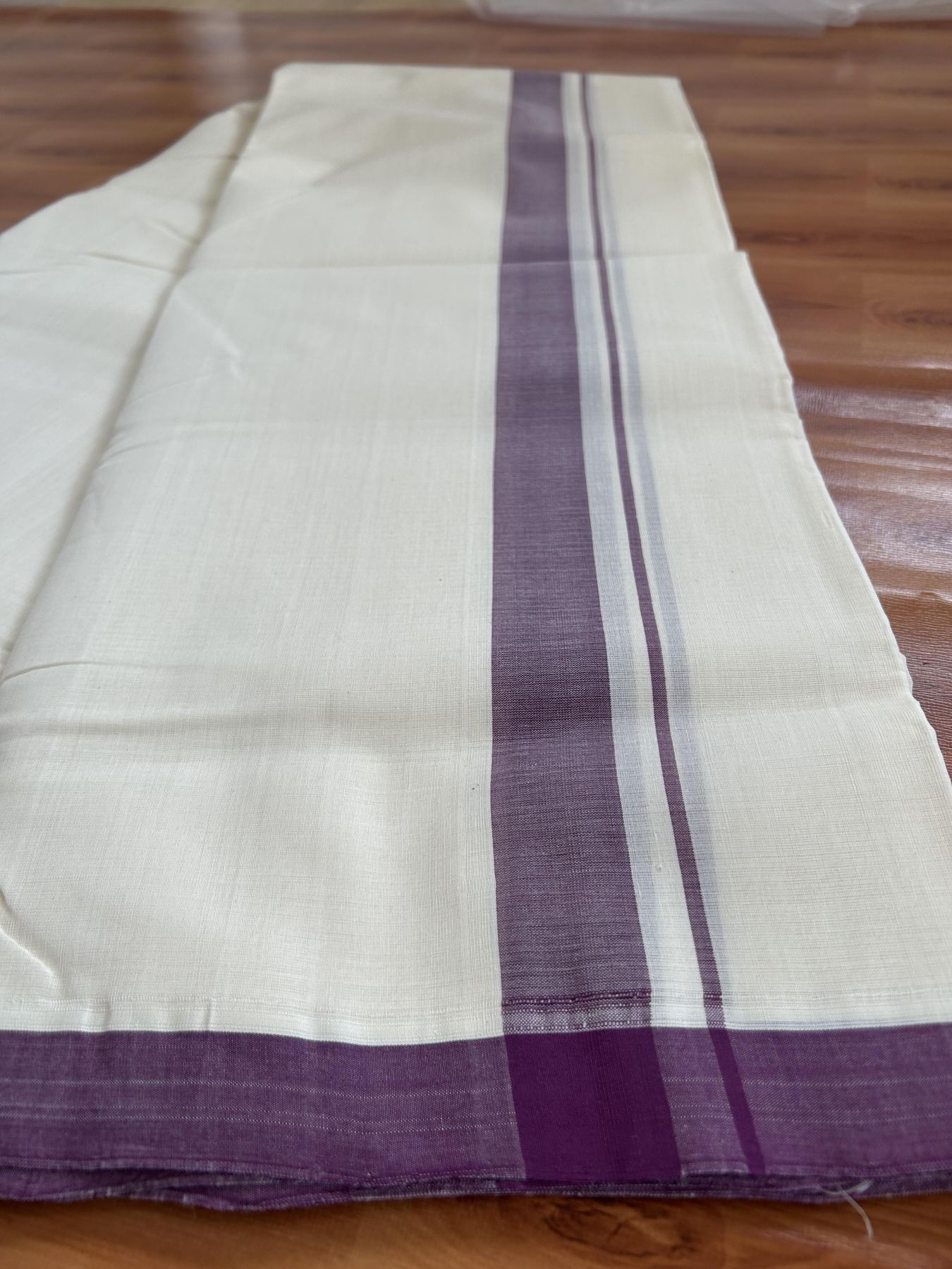 Double Off White (Unbleached) Mundu/Dhoti- 25% Discount! KaithariKada Handloom Millpaav - Kerala Handloom - Cotton - 80x90 - 1.25 inch Wine Purple Mulloth Kara 4 meter (8.5 Muzham) - 5 KK5396 RAM