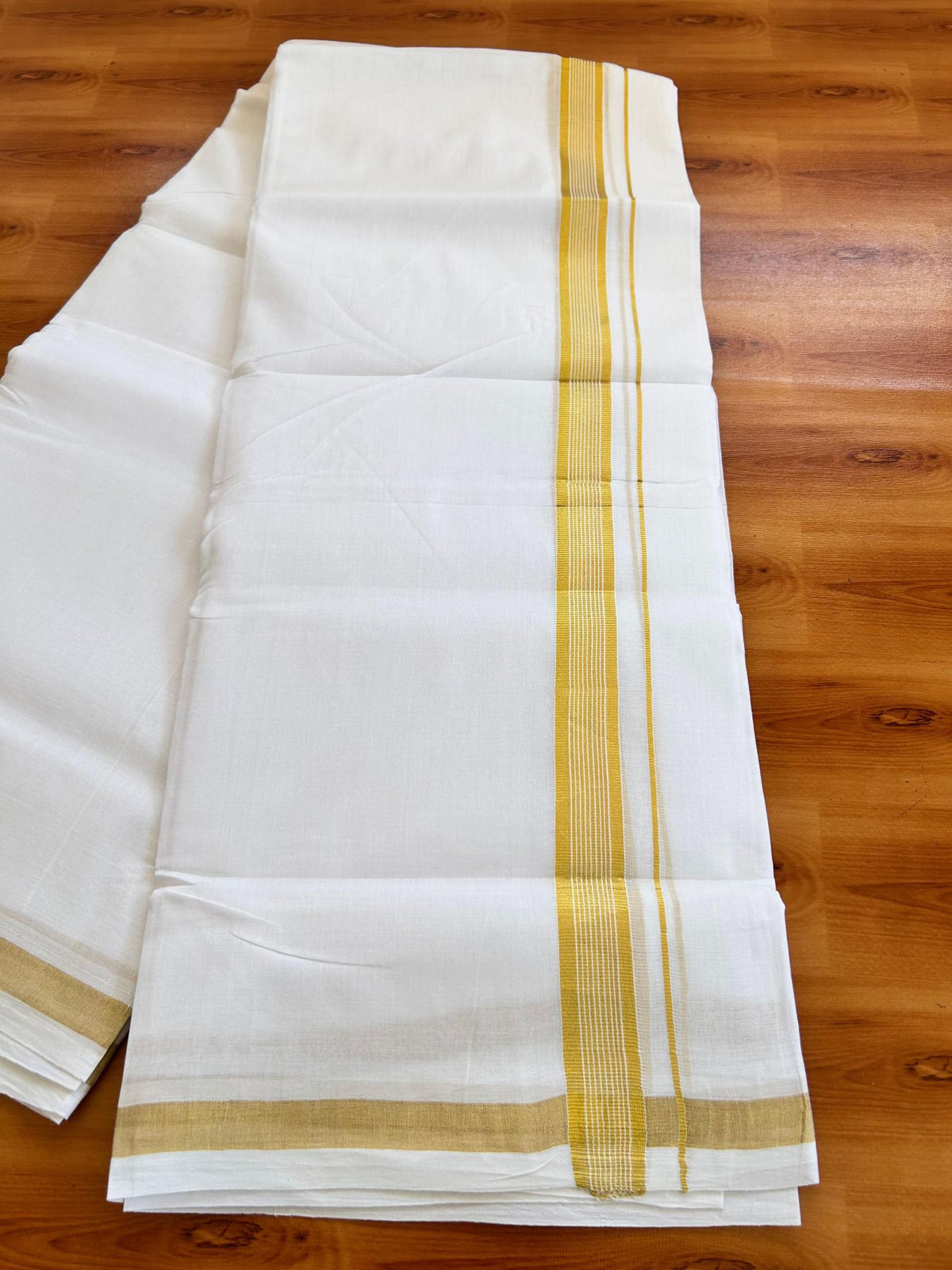 Double Pure White 25% Discount ! KaithariKada Handloom Millpaav- Kerala Handloom - 100% Pure Cotton - 80x90 - 1 Inch Gold Kasav Striped Kara 3.90 mtr (8.36 Muzham) - 21 KK5496 YAR