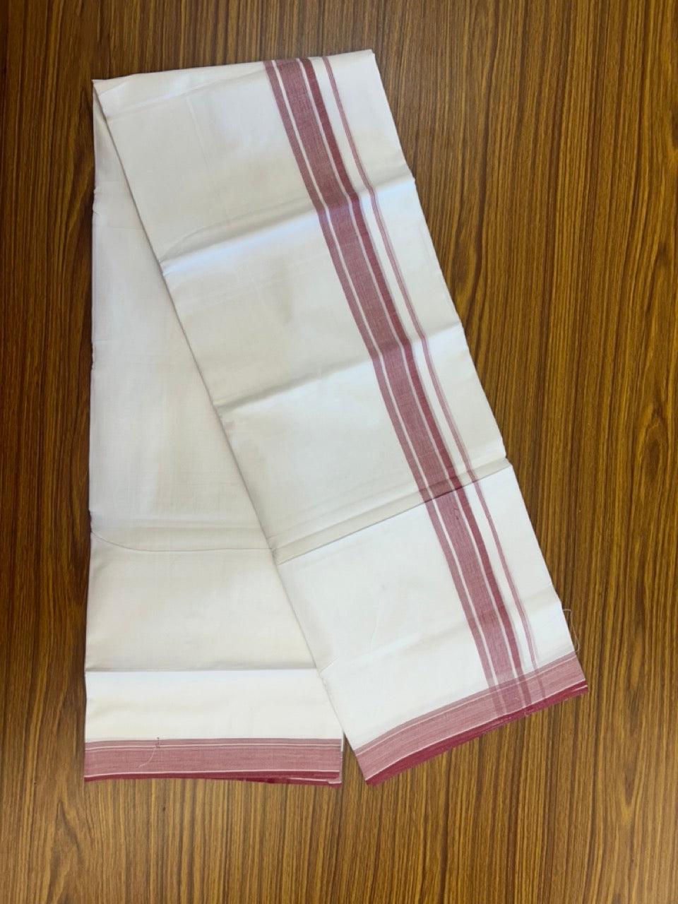 20% Discount ! Kaitharikada Balaramapuram 100% Cotton PURE WHITE Double Mundu/Dothi - 100x80 - 1.5 inch Light Maroon Shaded Striped Kara 3.90 mtr (8 muzham) - 38 KK5294 THI