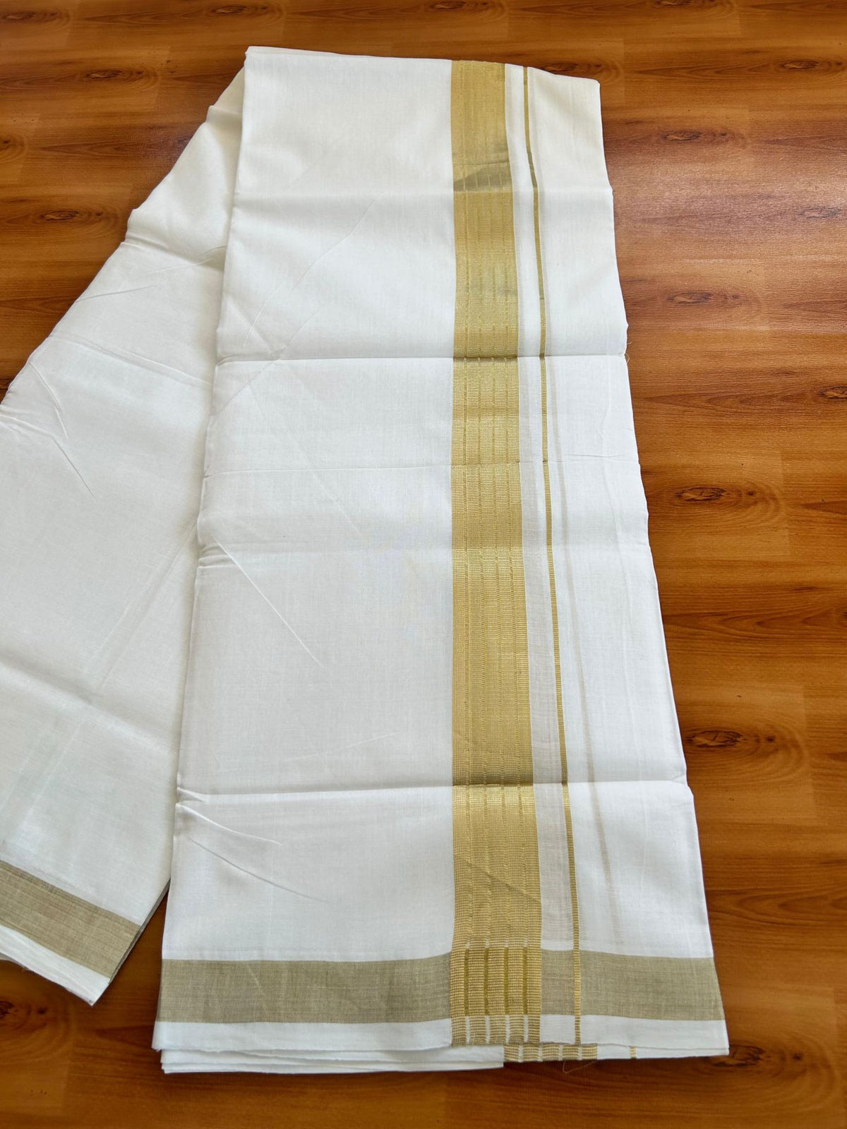 Double Pure White 25% Discount ! KaithariKada Handloom Unakkupaav - Kerala Handloom - 100% Pure Cotton - 100x90 - 1.5 Inch Gold Kasav Striped Kara 3.90 mtr (8.36 Muzham) - 22 KK5496 YAR