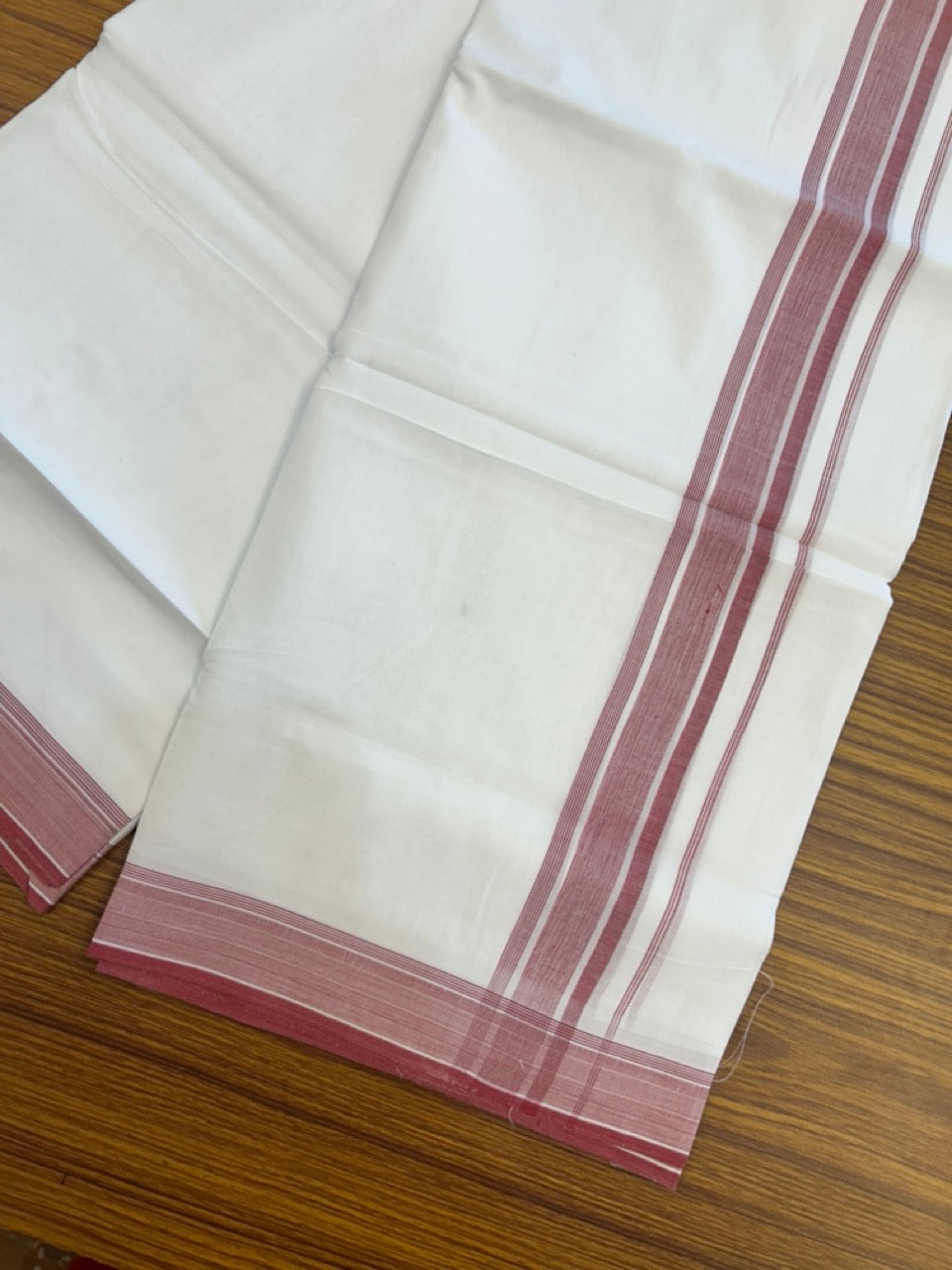 20% Discount ! Kaitharikada Balaramapuram 100% Cotton PURE WHITE Double Mundu/Dothi - 100x80 - 1.5 inch Light Maroon Shaded Striped Kara 3.90 mtr (8 muzham) - 38 KK5294 THI