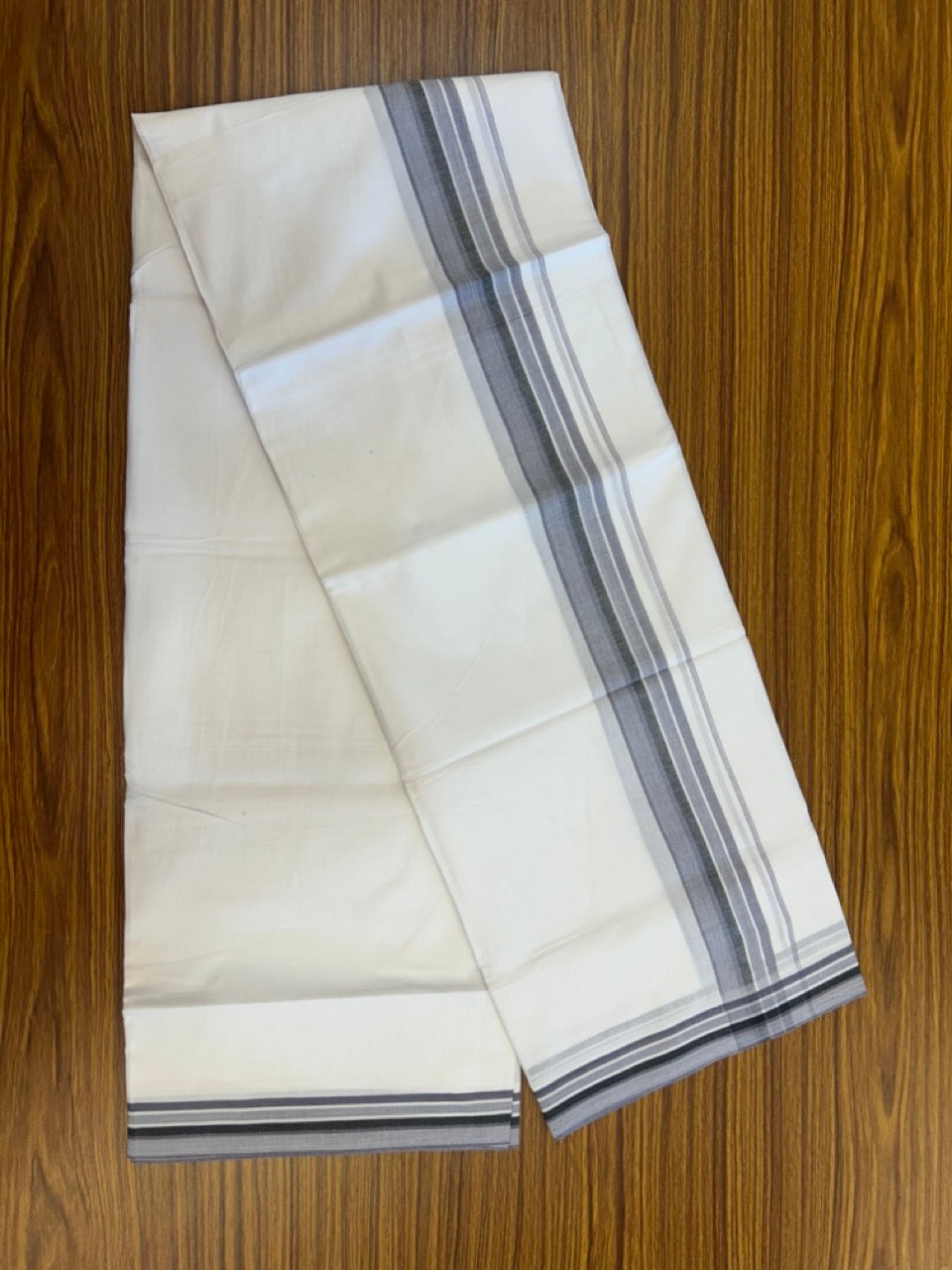 20% Discount ! Kaitharikada Balaramapuram 100% Cotton PURE WHITE Double Mundu/Dothi - 100x80 - 1.5 inch Lavender Purple & Black Shaded Striped Design Kara 3.90 mtr (8 muzham) - 36 KK5294 THI