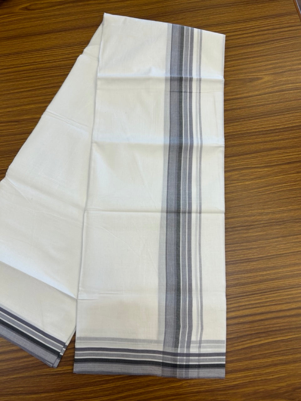 20% Discount ! Kaitharikada Balaramapuram 100% Cotton PURE WHITE Double Mundu/Dothi - 100x80 - 1.5 inch Lavender Purple & Black Shaded Striped Design Kara 3.90 mtr (8 muzham) - 36 KK5294 THI