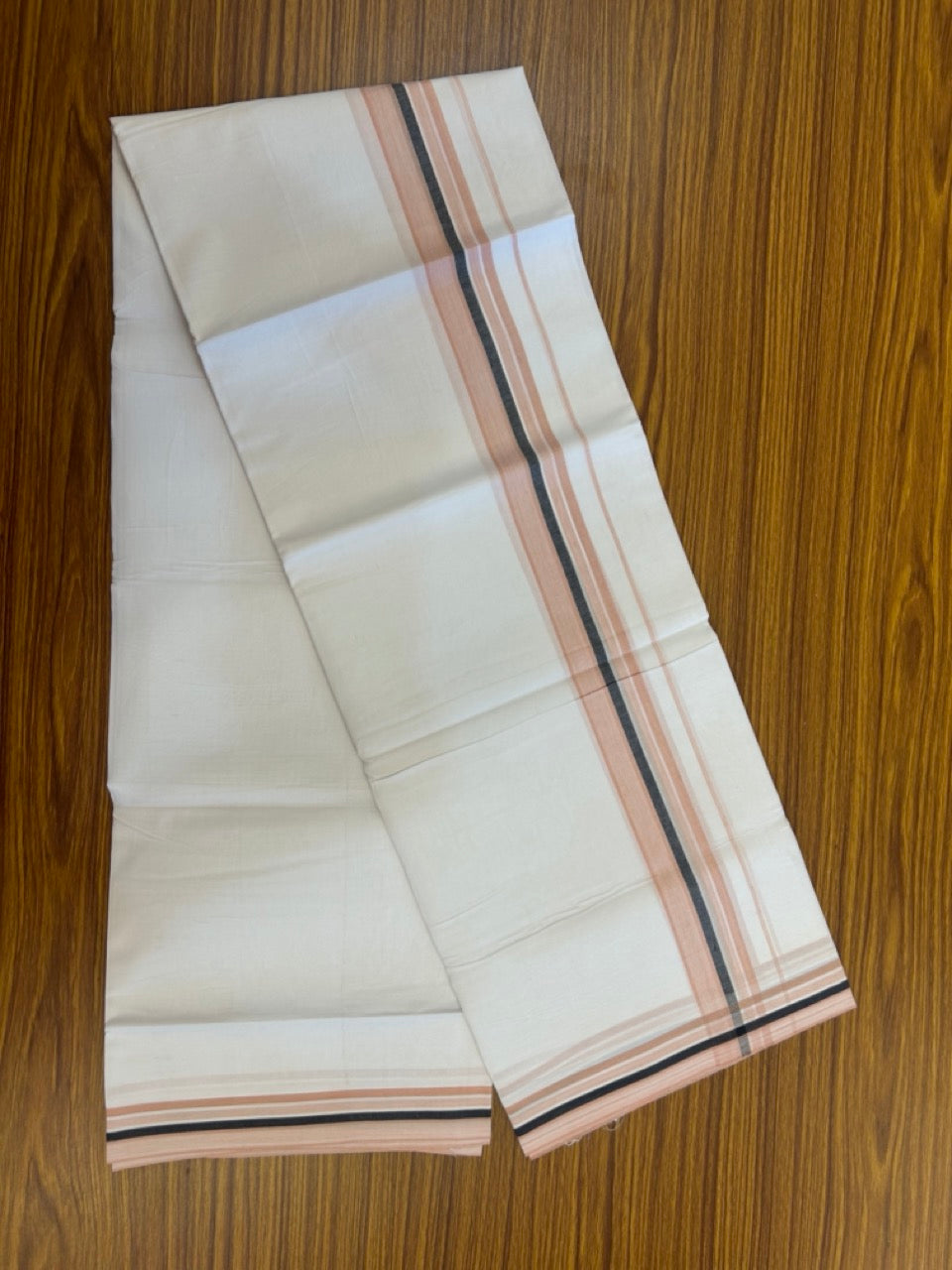 20% Discount ! Kaitharikada Balaramapuram 100% Cotton PURE WHITE Double Mundu/Dothi - 100x80 - 1.5 inch Peach & Black Shaded Striped Design Kara 3.90 mtr (8 muzham) - 37 KK5294 THI