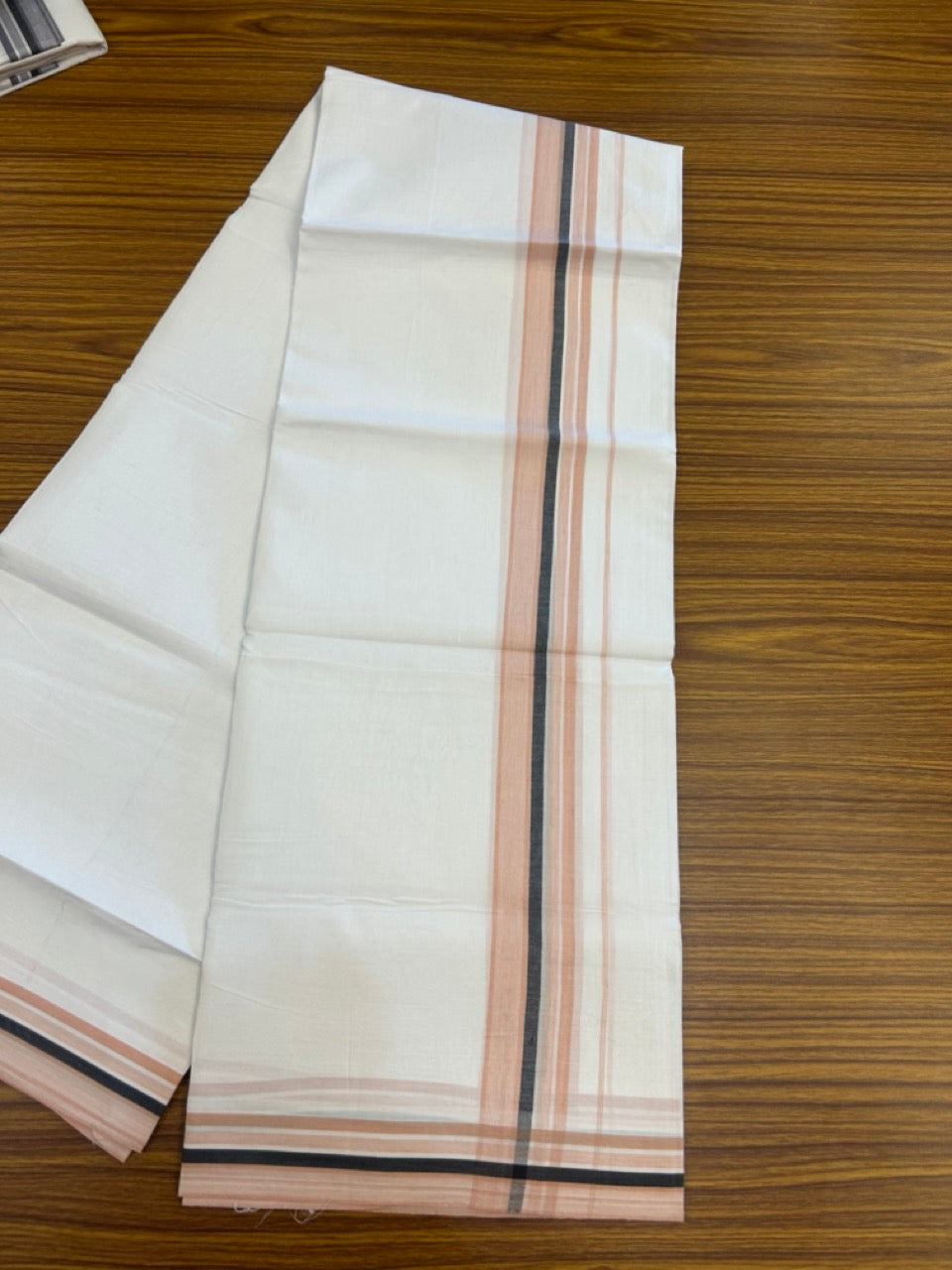 20% Discount ! Kaitharikada Balaramapuram 100% Cotton PURE WHITE Double Mundu/Dothi - 100x80 - 1.5 inch Peach & Black Shaded Striped Design Kara 3.90 mtr (8 muzham) - 37 KK5294 THI
