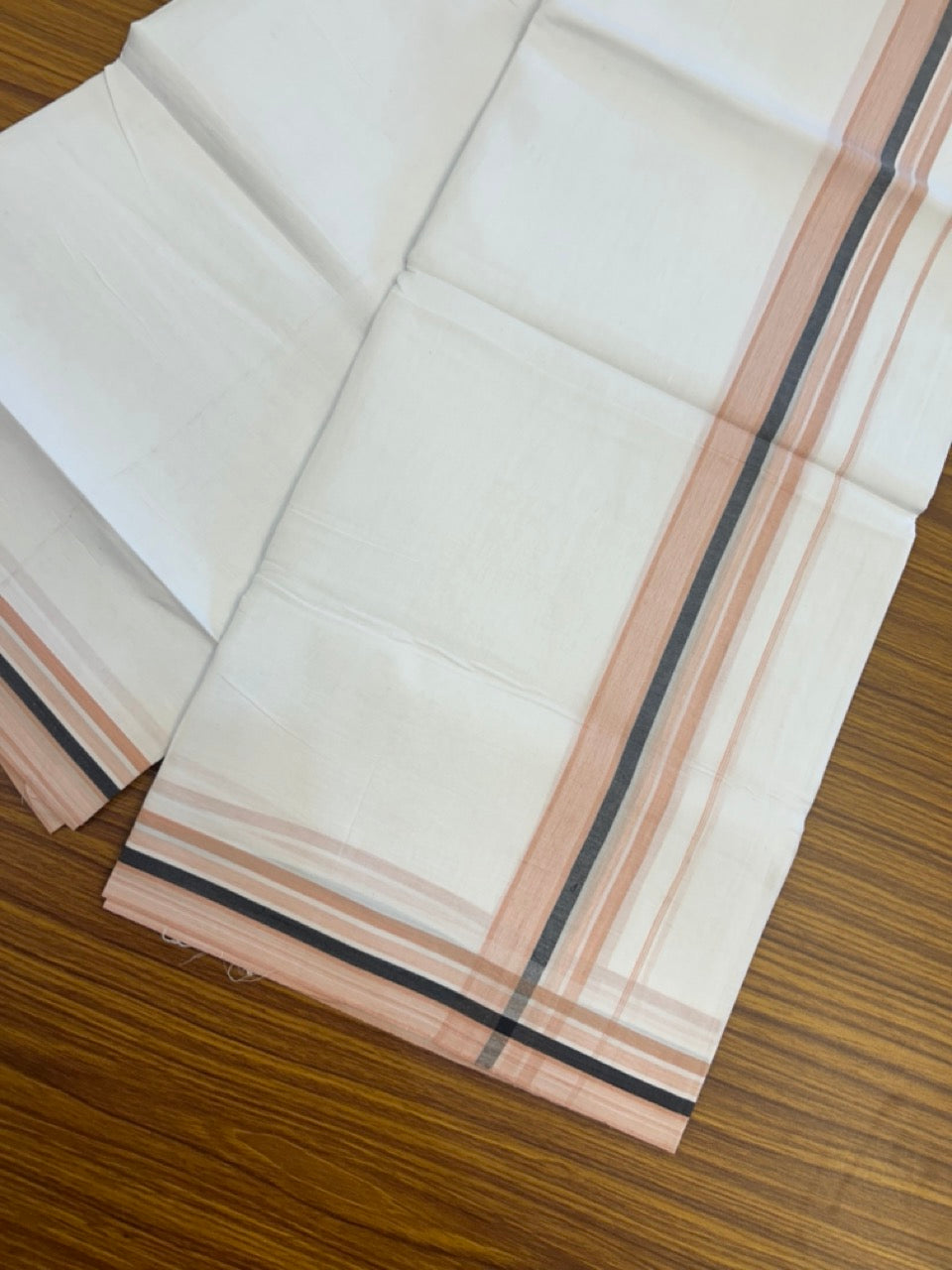 20% Discount ! Kaitharikada Balaramapuram 100% Cotton PURE WHITE Double Mundu/Dothi - 100x80 - 1.5 inch Peach & Black Shaded Striped Design Kara 3.90 mtr (8 muzham) - 37 KK5294 THI