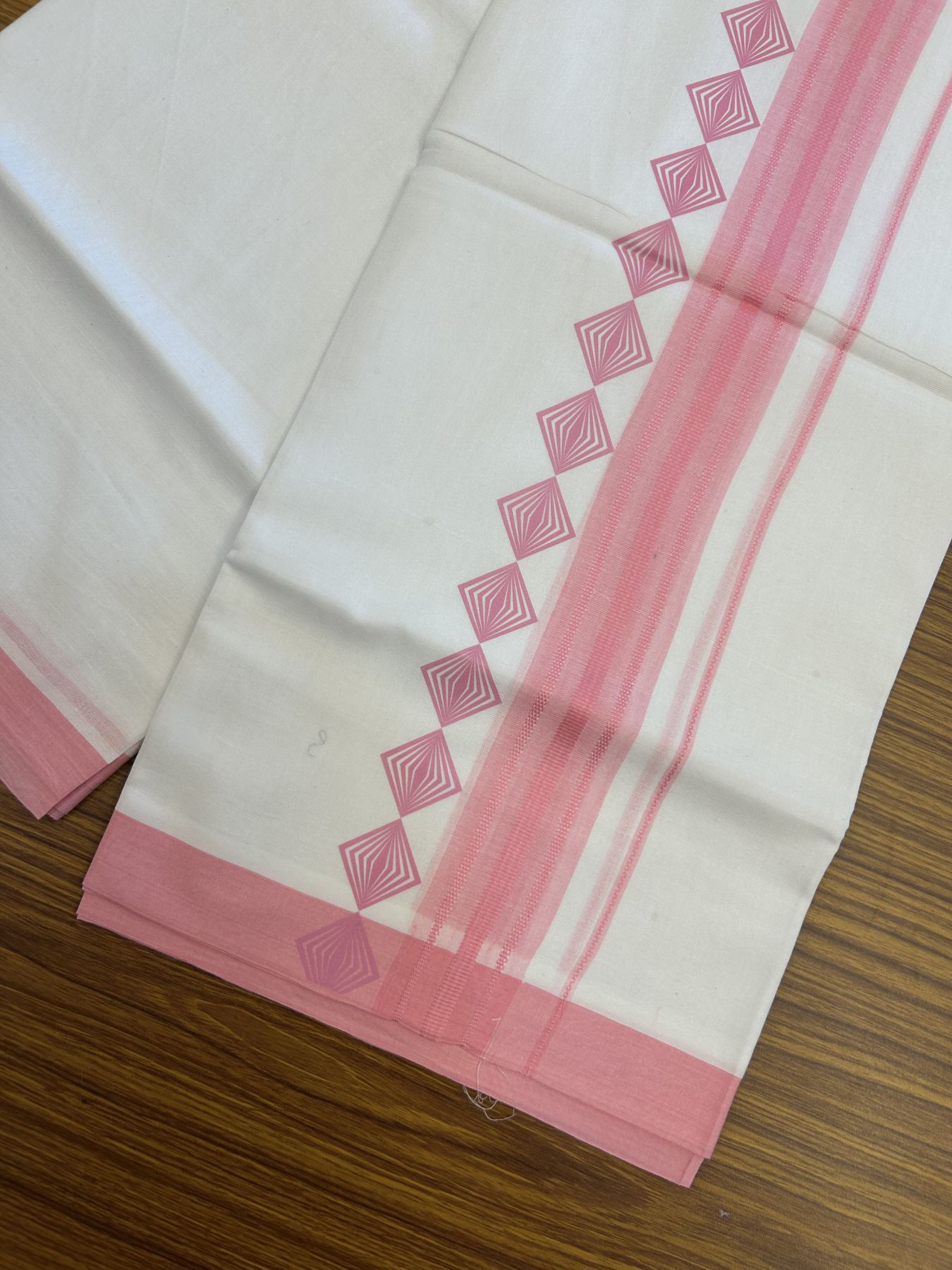 20% Discount ! KaithariKada Balaramapuram Cotton Double Pure white Mundu/Dhoti- 80s - 2.5 inch Baby Pink Printed Shade Stripes Design Kara - 3.65 mtr (8 muzham) - 12 KK5329 GAN