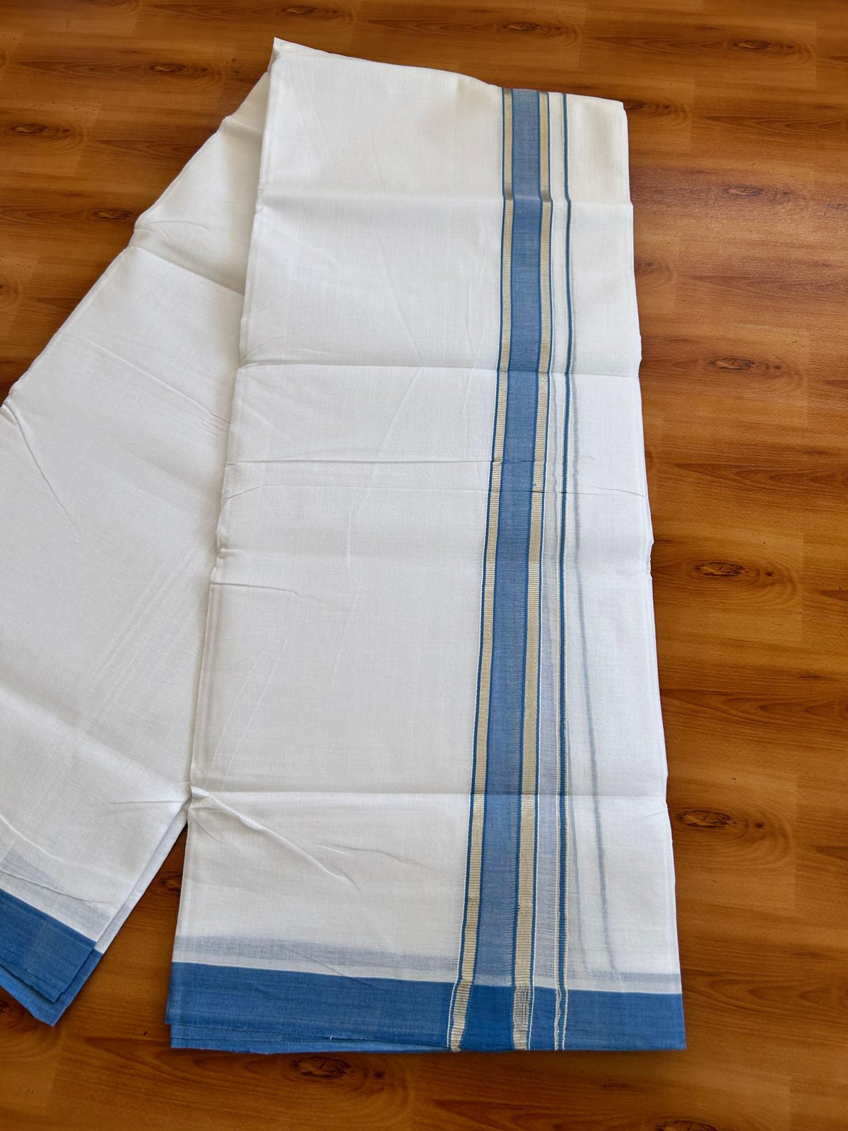Double Pure White 25% Discount ! KaithariKada Handloom Millpaav - Kerala Handloom - 100% Pure Cotton - 80x90 - 1.25 Inch Silver Kasav & Blue Kara 3.90 mtr (8.36 Muzham) - 15 KK5496 YAR