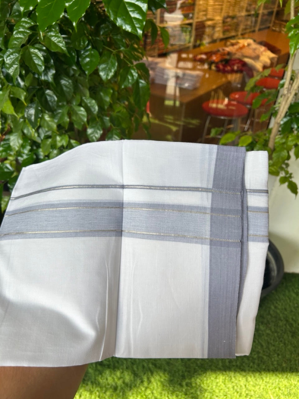 20% DISCOUNT! KaithariKada Balaramapuram 100% Cotton Double Pure white Mundu/Dhoti- 60s - 1.5 inch Silver Kasavu & Lavender Shaded Kara - 3.88mtr ( 8 muzham) - 51KK5227 PMC