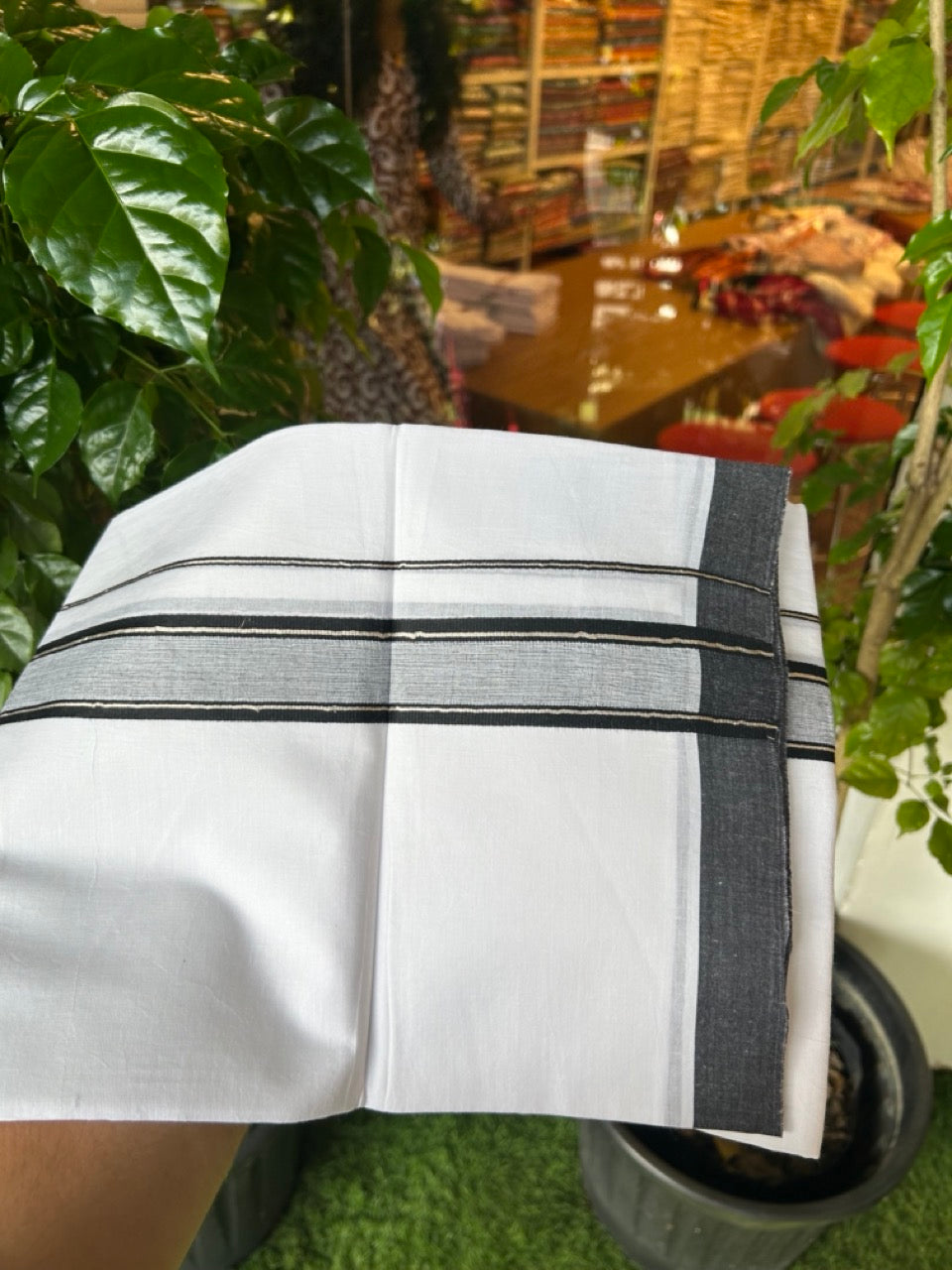 20% DISCOUNT! KaithariKada Balaramapuram 100% Cotton Double Pure white Mundu/Dhoti- 60s - 1.5 inch Silver Kasavu & Black Shaded Striped Kara - 3.88mtr ( 8 muzham) - 46KK5227 PMC