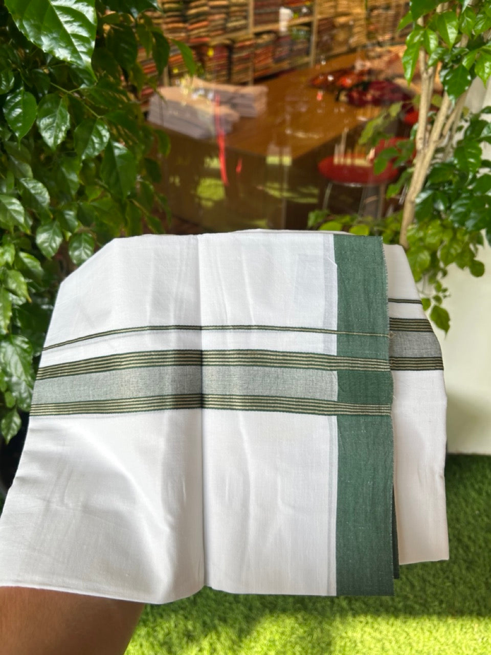 20% DISCOUNT! KaithariKada Balaramapuram 100% Cotton Double Pure white Mundu/Dhoti- 100X80 - 1.5 inch Gold Kasavu & Dark Green Striped Kara - 3.84mtr ( 8 muzham) - 62KK5227 PMC
