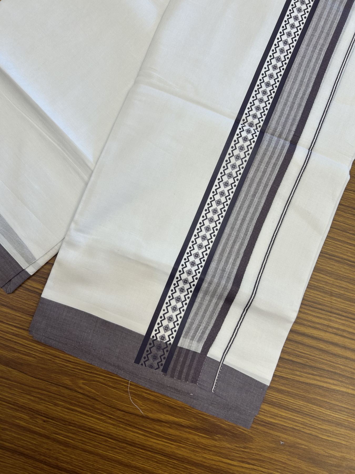 20% Discount ! KaithariKada Balaramapuram Cotton Double Pure white Mundu/Dhoti- 80s - 2.5 inch Purple Ash Printed Shade Stripes Design Kara - 3.65 mtr (8 muzham) - 33 KK5329 GAN