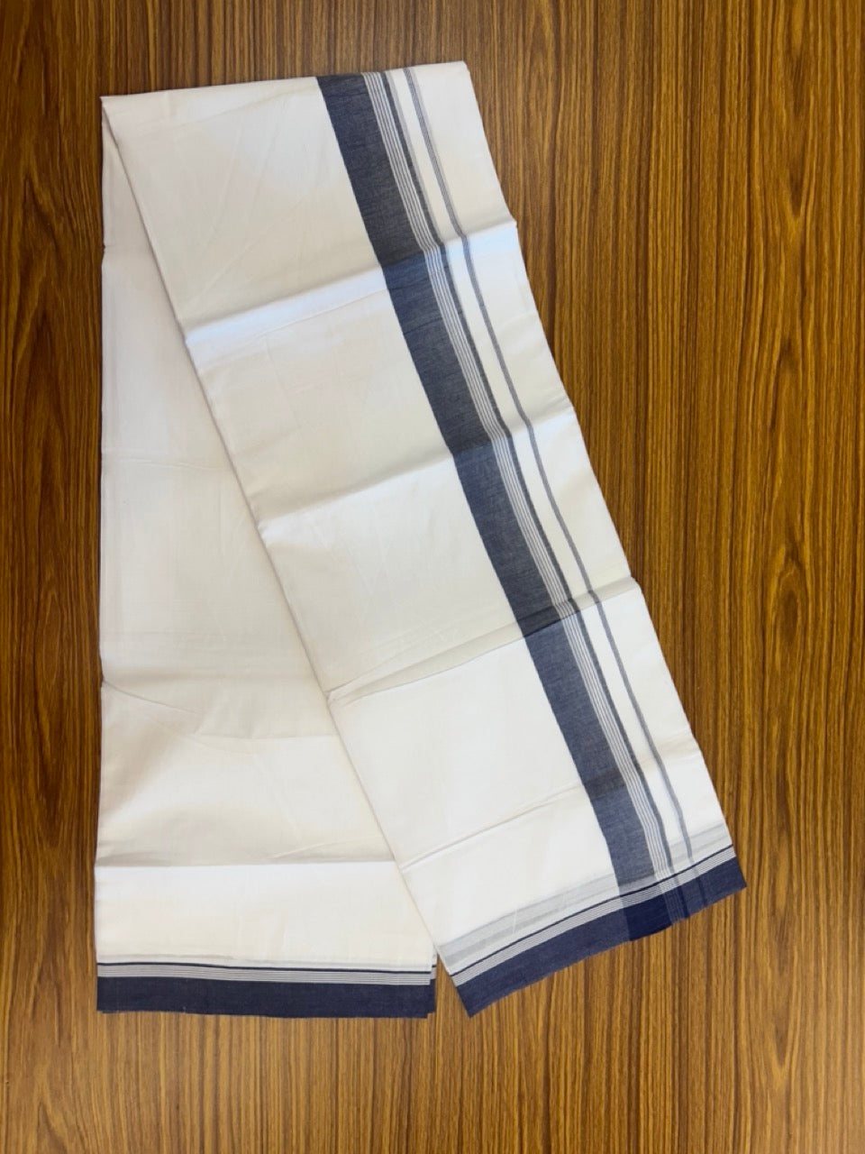 20% Discount ! Kaitharikada Balaramapuram 100% Cotton PURE WHITE Double Mundu/Dothi - 100x80 - 1.75 inch Navy Blue Shaded Striped Kara 3.90 mtr (8 muzham) - 72 KK5294 THI