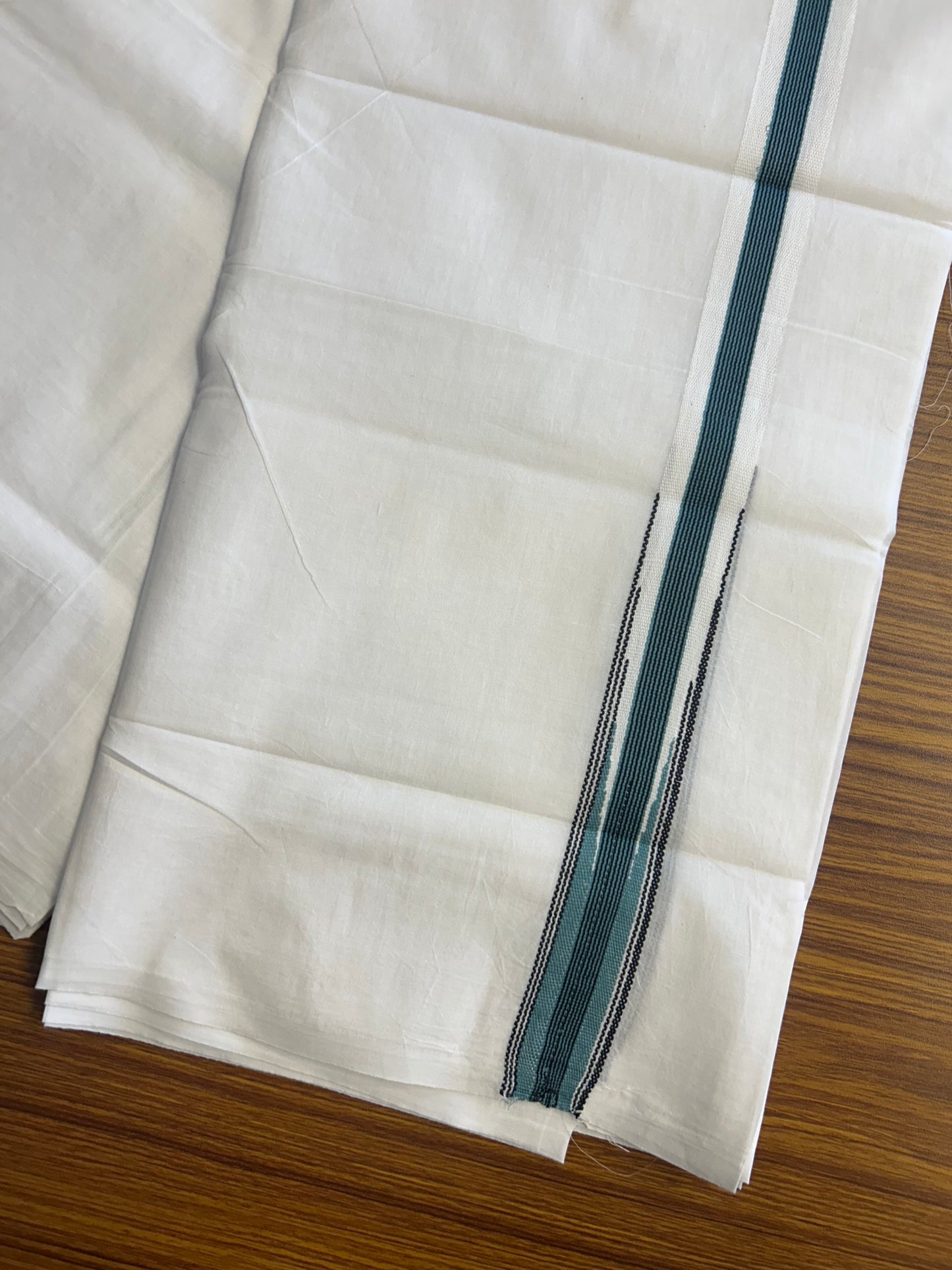 SHORT DHOTI SPECIAL! Kaitharikada.com - 20% Discount! Balaramapuram Double PURE WHITE Mundu/Dhoti - 100X100 - 1 inch Kara & 44 inches Height Puliyilakkara Light Teal Blue & Black Striped Chutty Kara - 10KK5146ASH