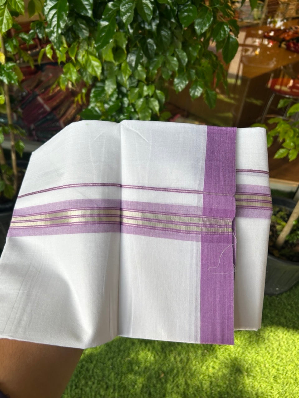 20% DISCOUNT! KaithariKada Balaramapuram 100% Cotton Double Pure white Mundu/Dhoti- 60s - 1.25 inch Silver Kasavu & Light Violet Striped Kara - 3.78mtr ( 8 muzham) - 58KK5227 PMC
