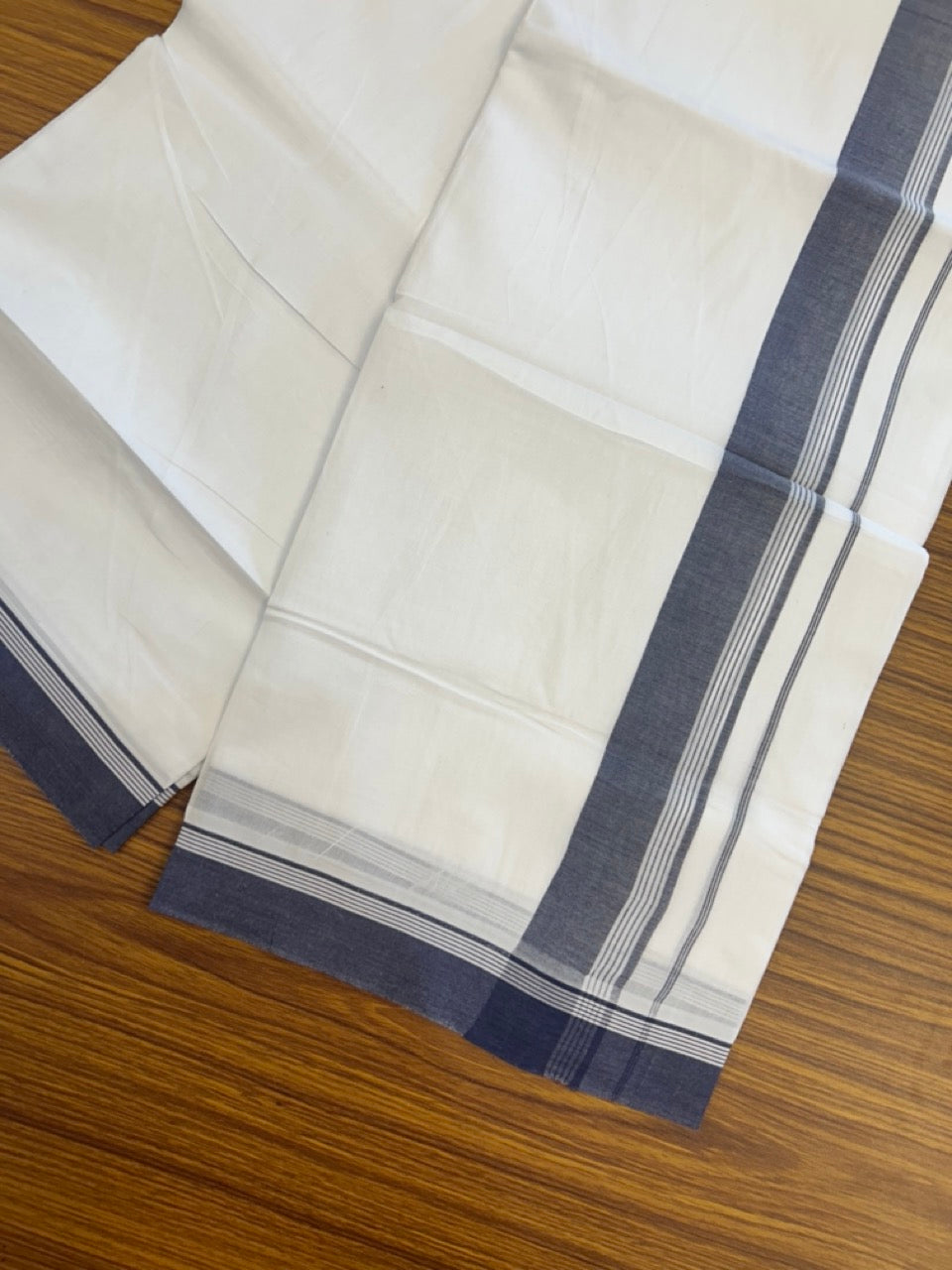 20% Discount ! Kaitharikada Balaramapuram 100% Cotton PURE WHITE Double Mundu/Dothi - 100x80 - 1.75 inch Navy Blue Shaded Striped Kara 3.90 mtr (8 muzham) - 72 KK5294 THI