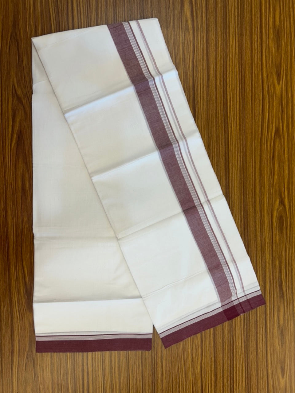 20% Discount ! Kaitharikada Balaramapuram 100% Cotton PURE WHITE Double Mundu/Dothi - 100x80 - 1.5 inch Maroon Shaded Side Striped Kara 3.90 mtr (8 muzham) - 73 KK5294 THI