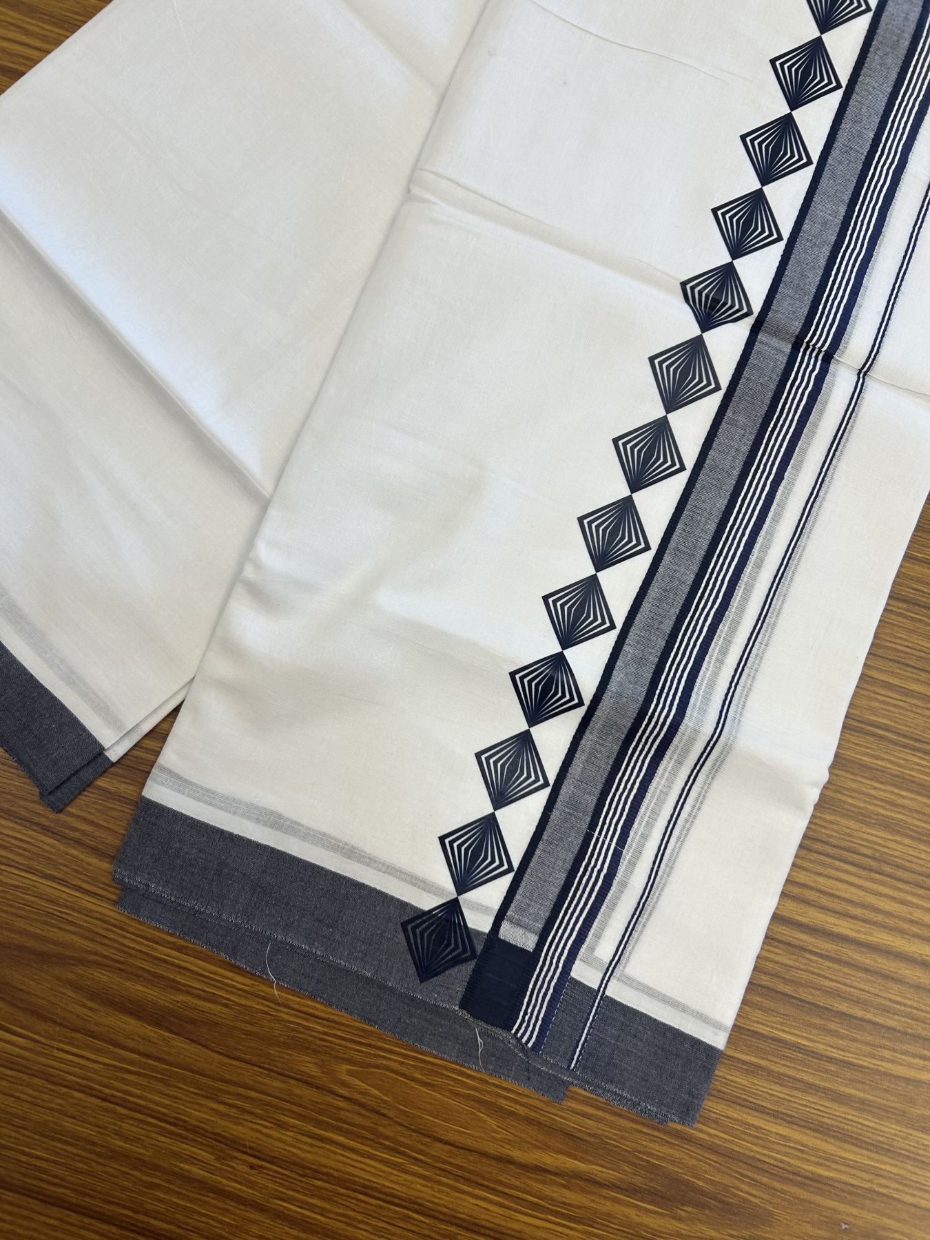 20% Discount ! KaithariKada Balaramapuram Cotton Double Pure white Mundu/Dhoti- 80s - 2.5 inch Navy Blue Printed Shade Stripes Design Kara - 3.65 mtr (8 muzham) - 9 KK5329 GAN