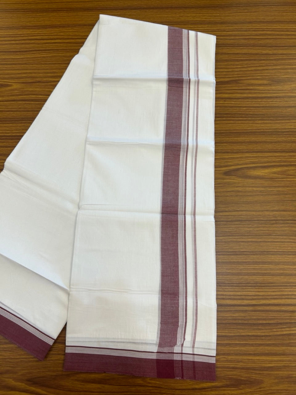 20% Discount ! Kaitharikada Balaramapuram 100% Cotton PURE WHITE Double Mundu/Dothi - 100x80 - 1.5 inch Maroon Shaded Side Striped Kara 3.90 mtr (8 muzham) - 73 KK5294 THI