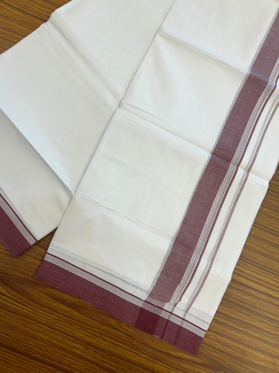 20% Discount ! Kaitharikada Balaramapuram 100% Cotton PURE WHITE Double Mundu/Dothi - 100x80 - 1.5 inch Maroon Shaded Side Striped Kara 3.90 mtr (8 muzham) - 73 KK5294 THI